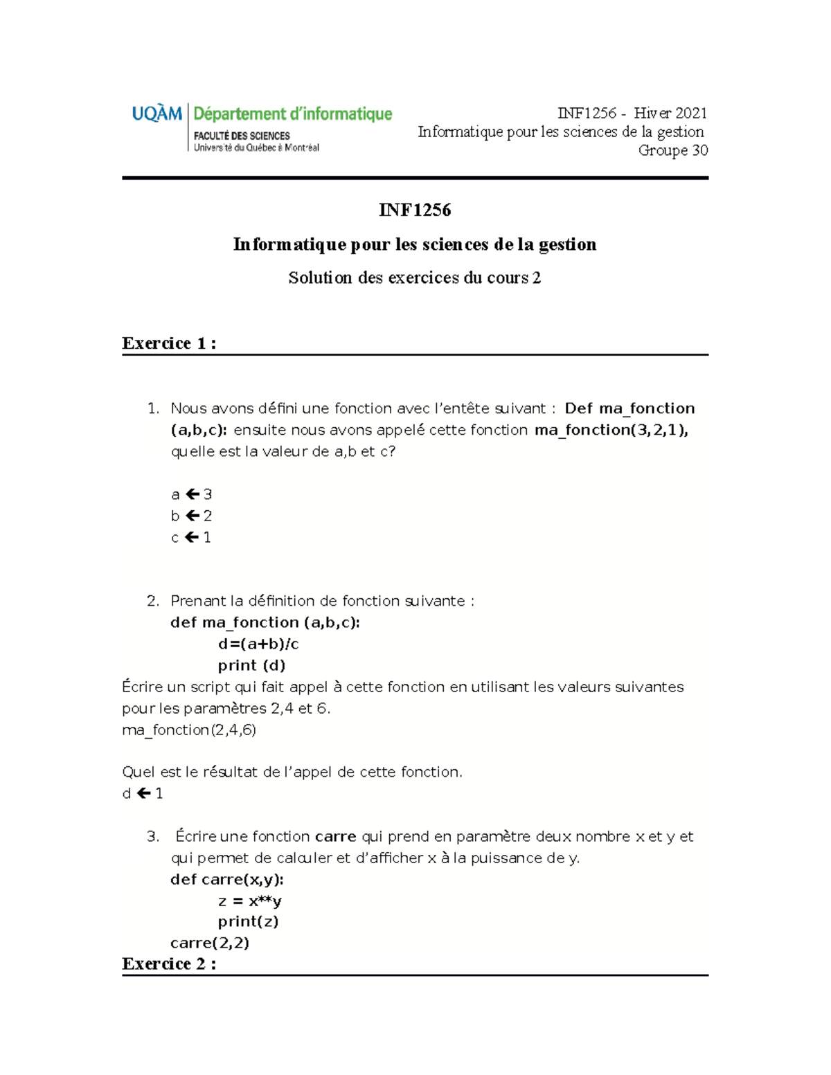 Solution Exercice Cours 3 - INF Informatique pour les sciences de la ...