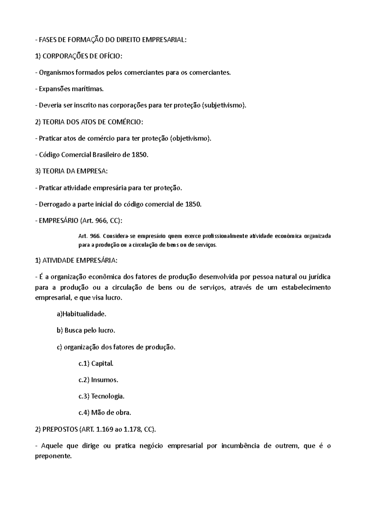 Resumo Direito Empresarial - FASES DE DO DIREITO EMPRESARIAL: 1) DE ...