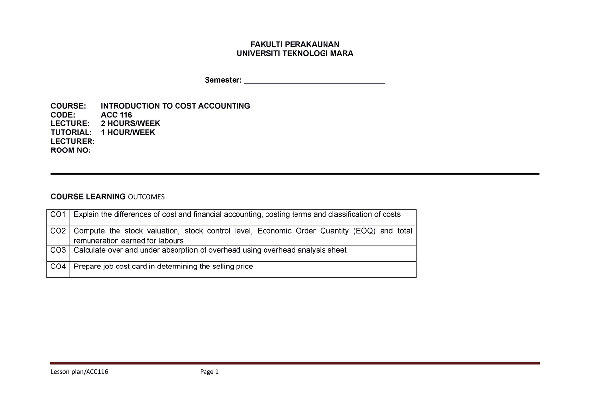 ACC116- Lesson PLAN - Nooo - FAKULTI PERAKAUNAN UNIVERSITI TEKNOLOGI ...