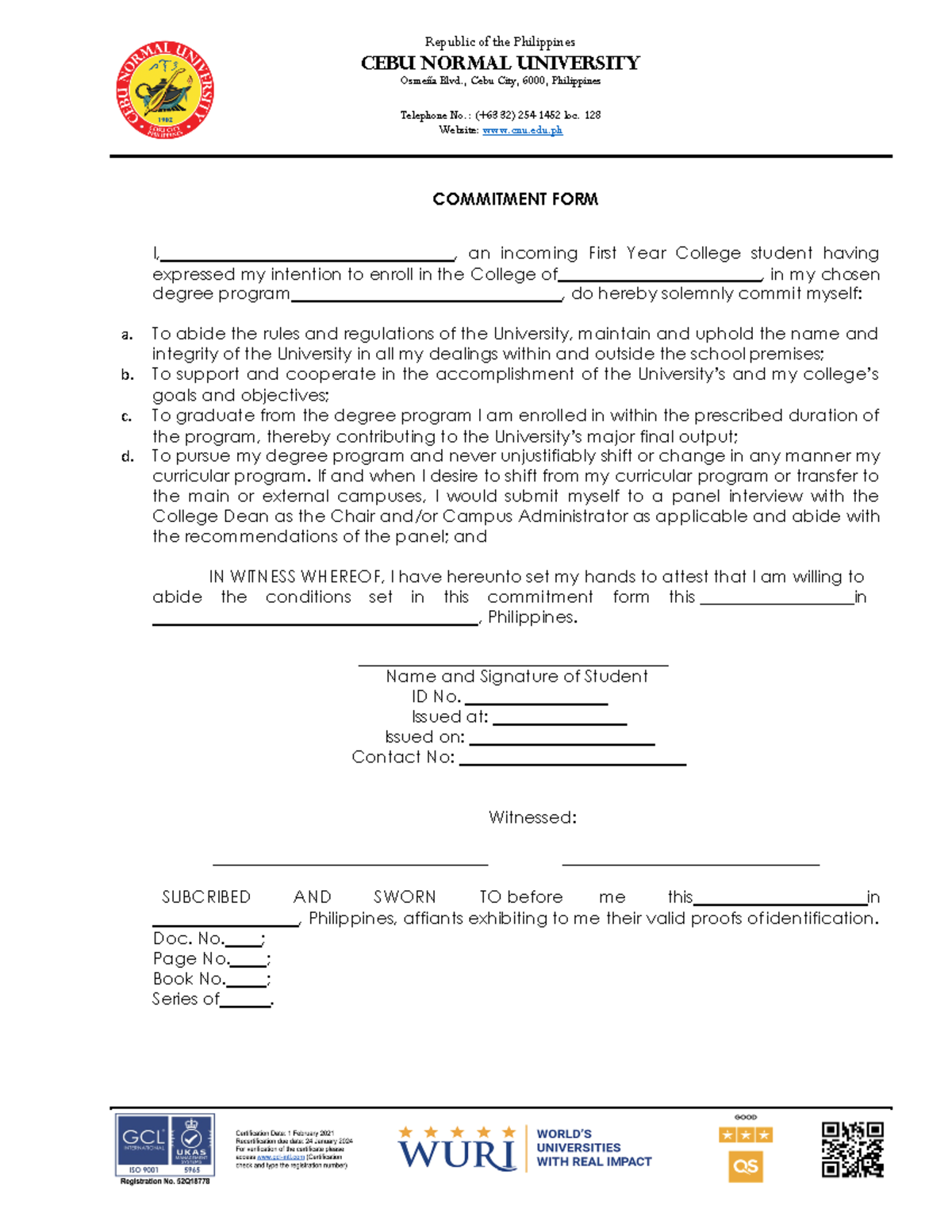 Commitment Form Republic of the Philippines Cebu Normal University