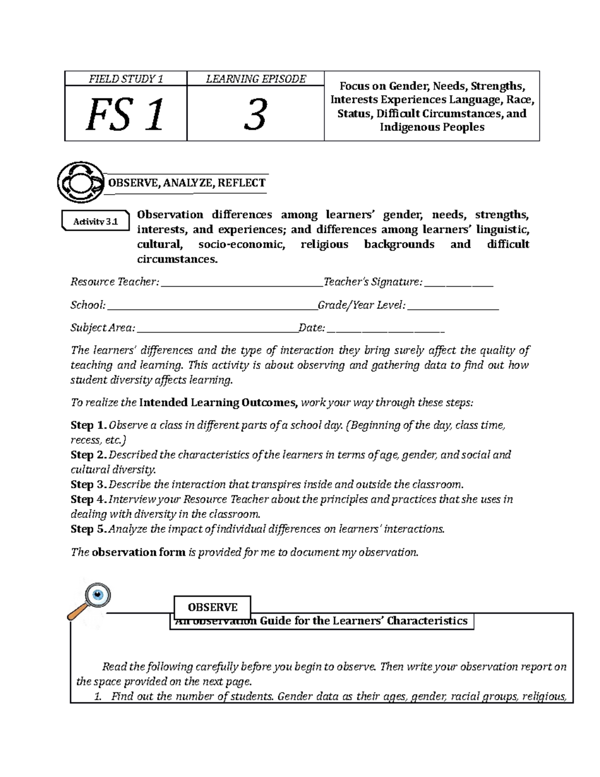 EP-3(New) - Fs 1 - FIELD STUDY 1 LEARNING EPISODE Focus On Gender ...