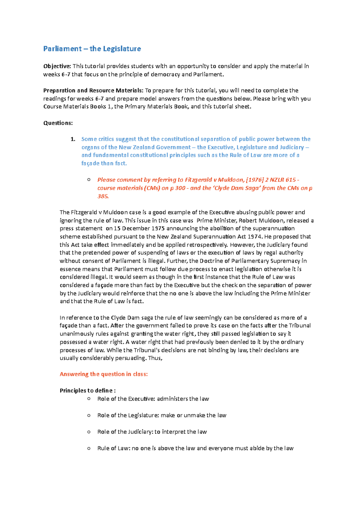 Public Law Legal 201 tutorial - Parliament – the Legislature Objective ...