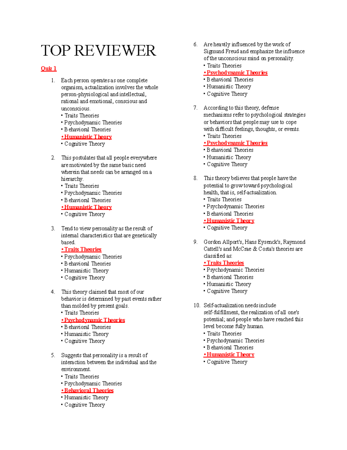 TOP- Reviewer - psychology - TOP REVIEWER Quiz 1 1. Each person ...