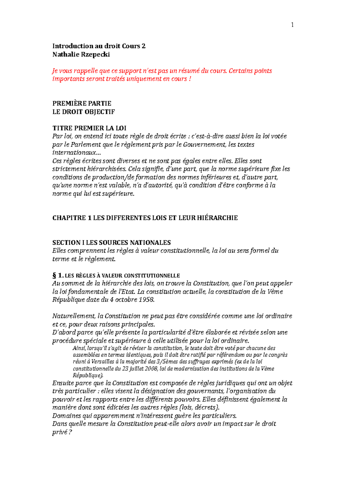 Introduction au droit Cours 2 - Certains points importants seront ...