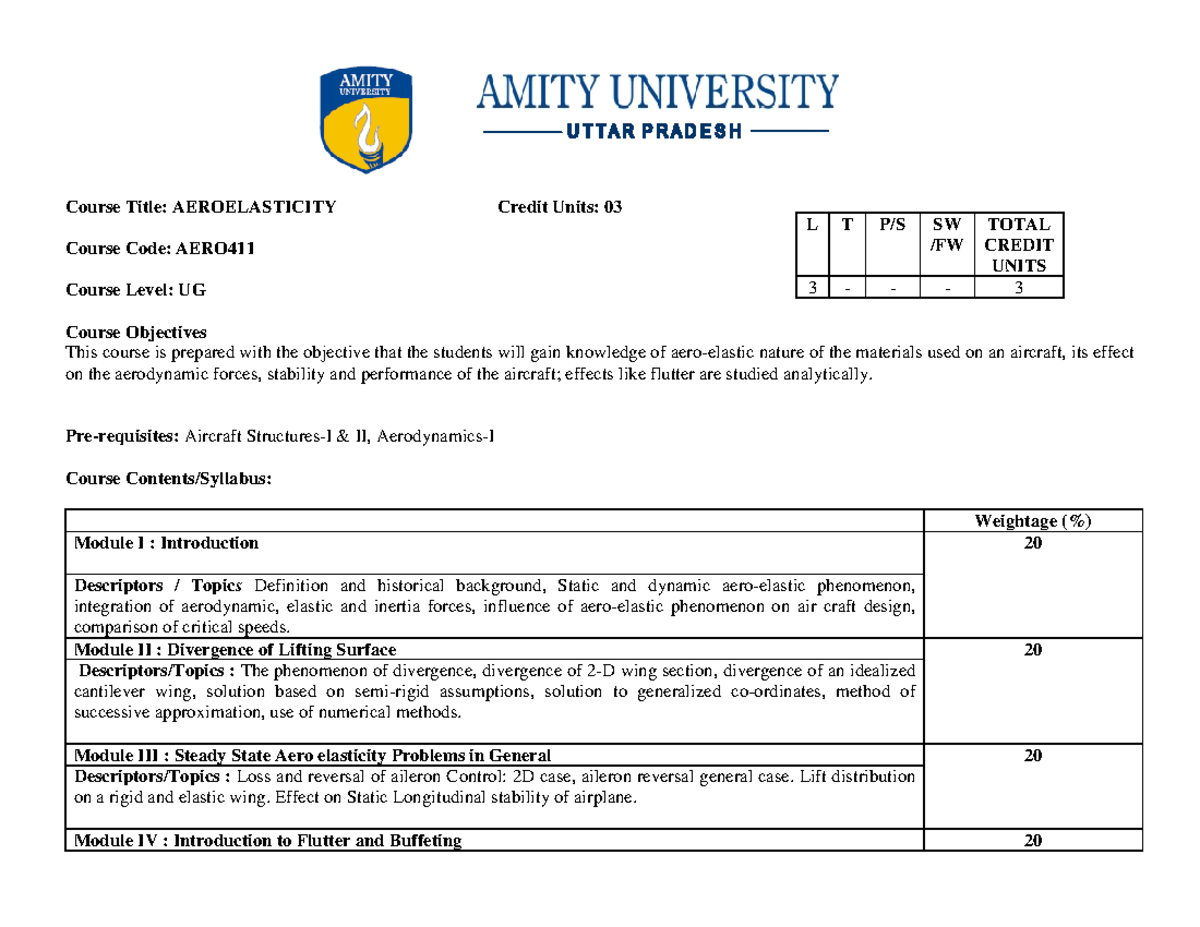 Aeroelasicity syllabus - Course Title: AEROELASTICITY Credit Units: 03 ...