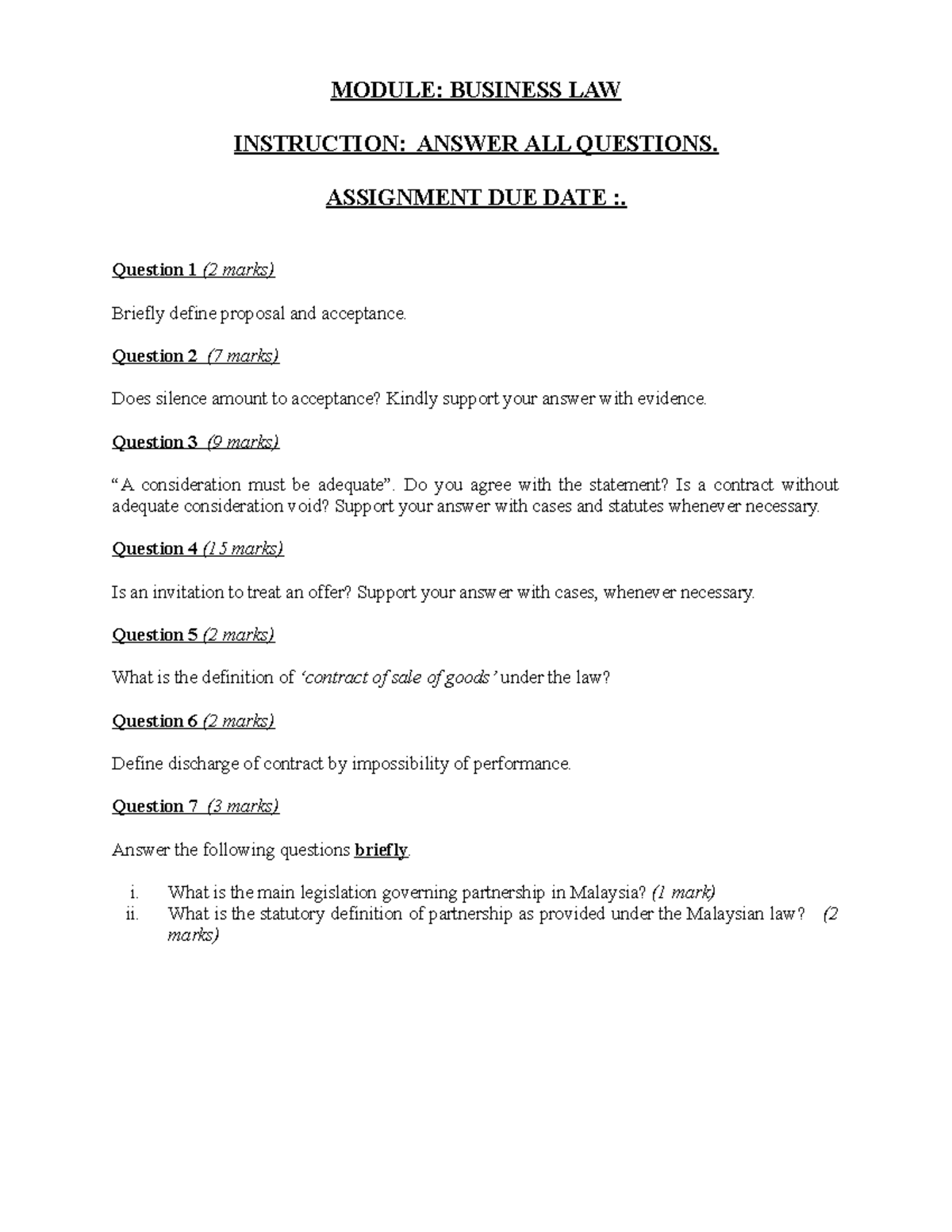 Business Law Assignment - MODULE: BUSINESS LAW INSTRUCTION: ANSWER ALL ...