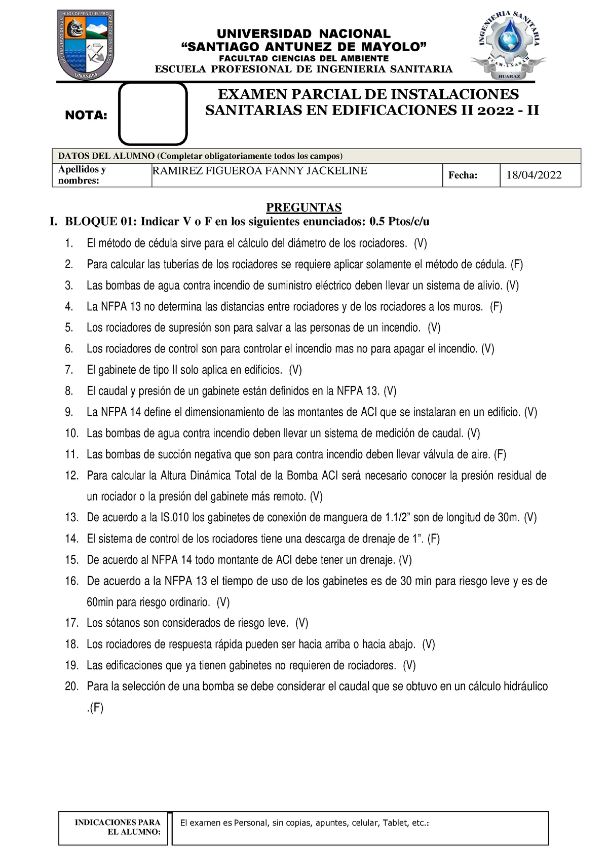 Examen Parcial 01 - Dxz - UNIVERSIDAD NACIONAL “SANTIAGO FACULTAD ...