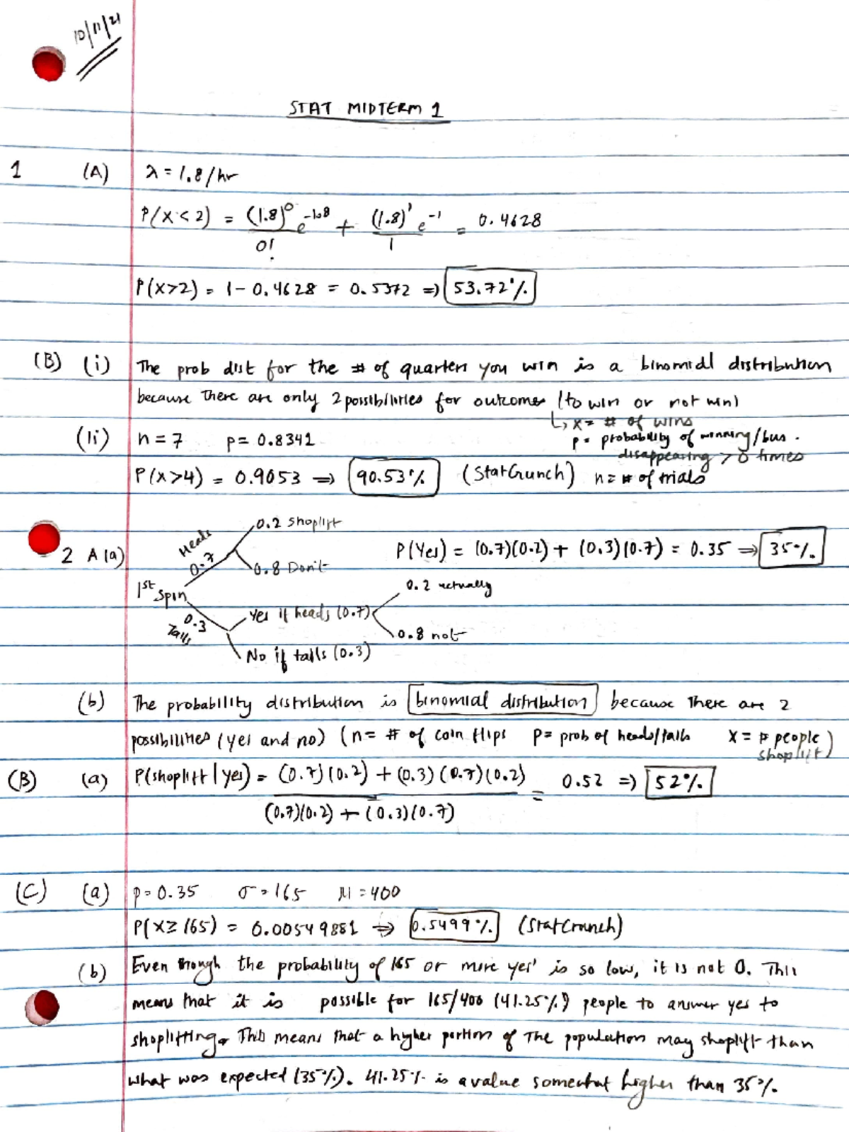 Stat Midterm 1 - STAT MIDTERM 1 1 (A) 0 01 0 (B) (i) The Prob Dist For ...