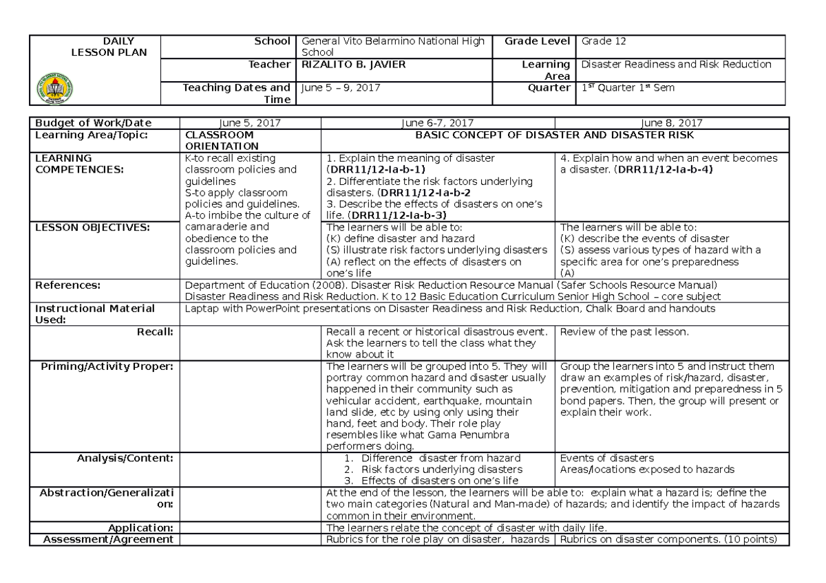 408984264-DRRR-DLP - disaster - DAILY LESSON PLAN School General Vito ...