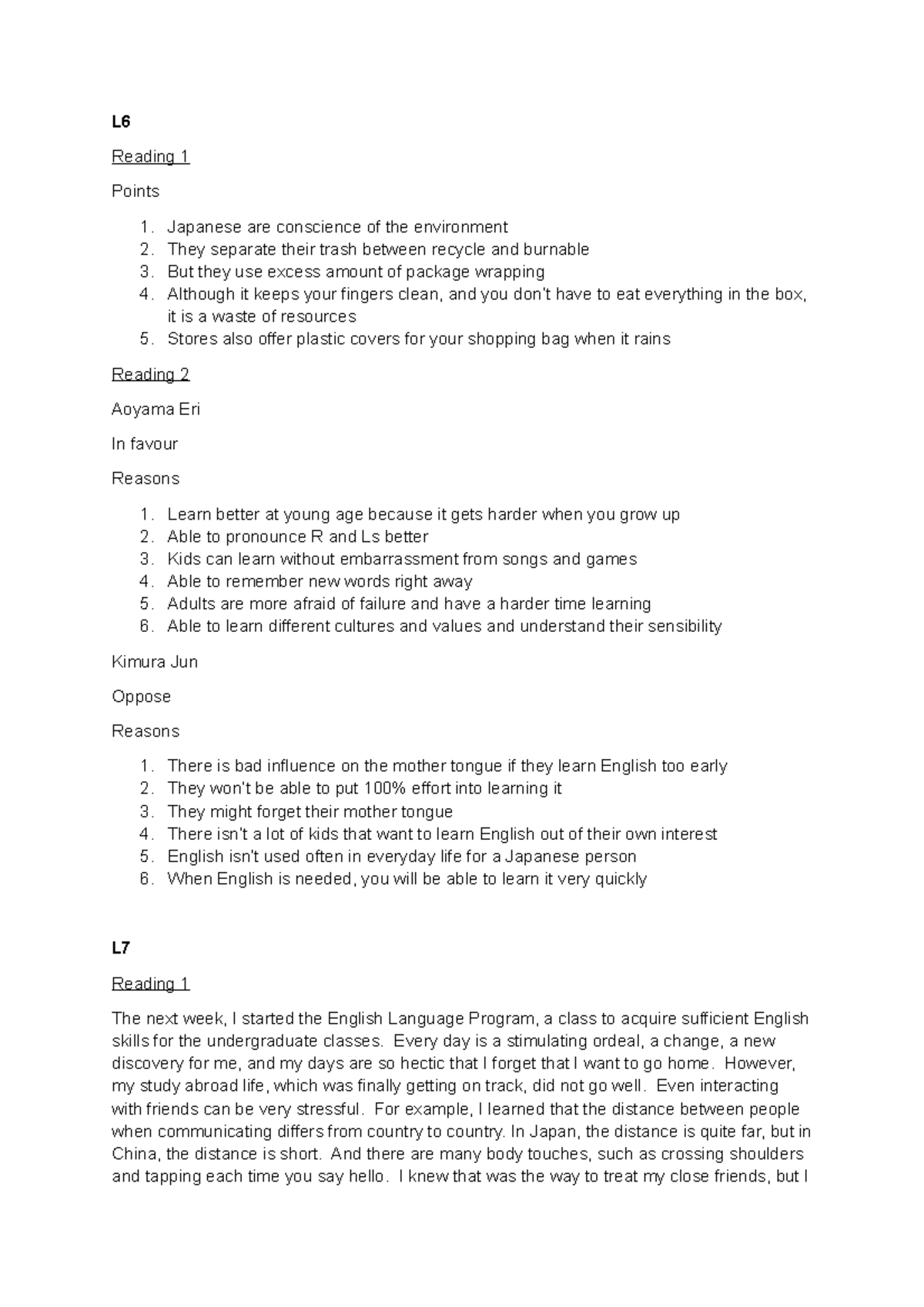 Progress Test notes Translation of texts L Reading 1 Points