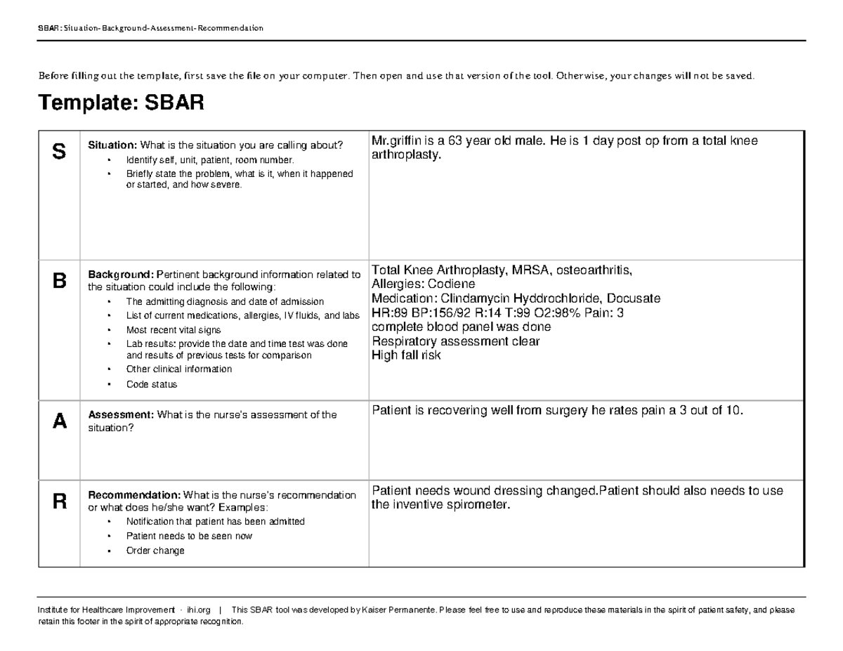 Sbartechniquefor Communication-IHI v2 - SBAR: Situation-Background ...