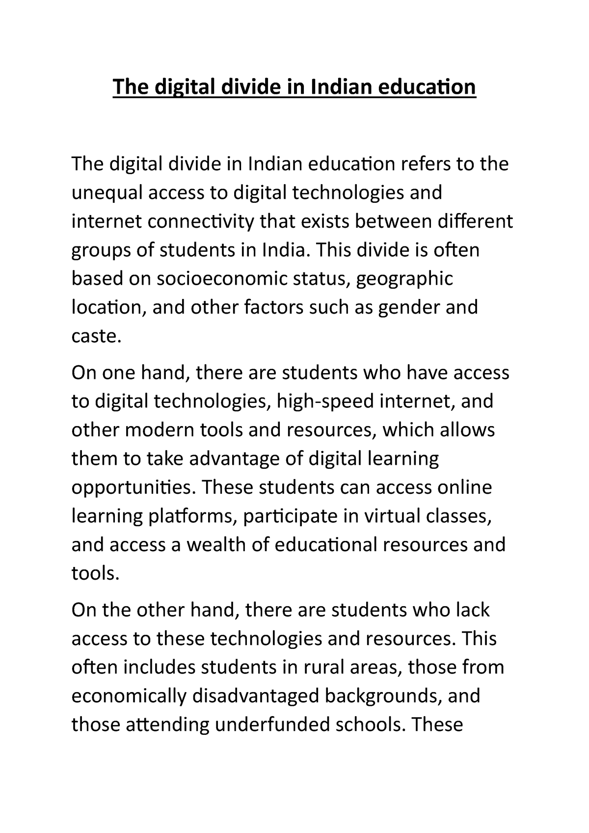 digital divide in india essay