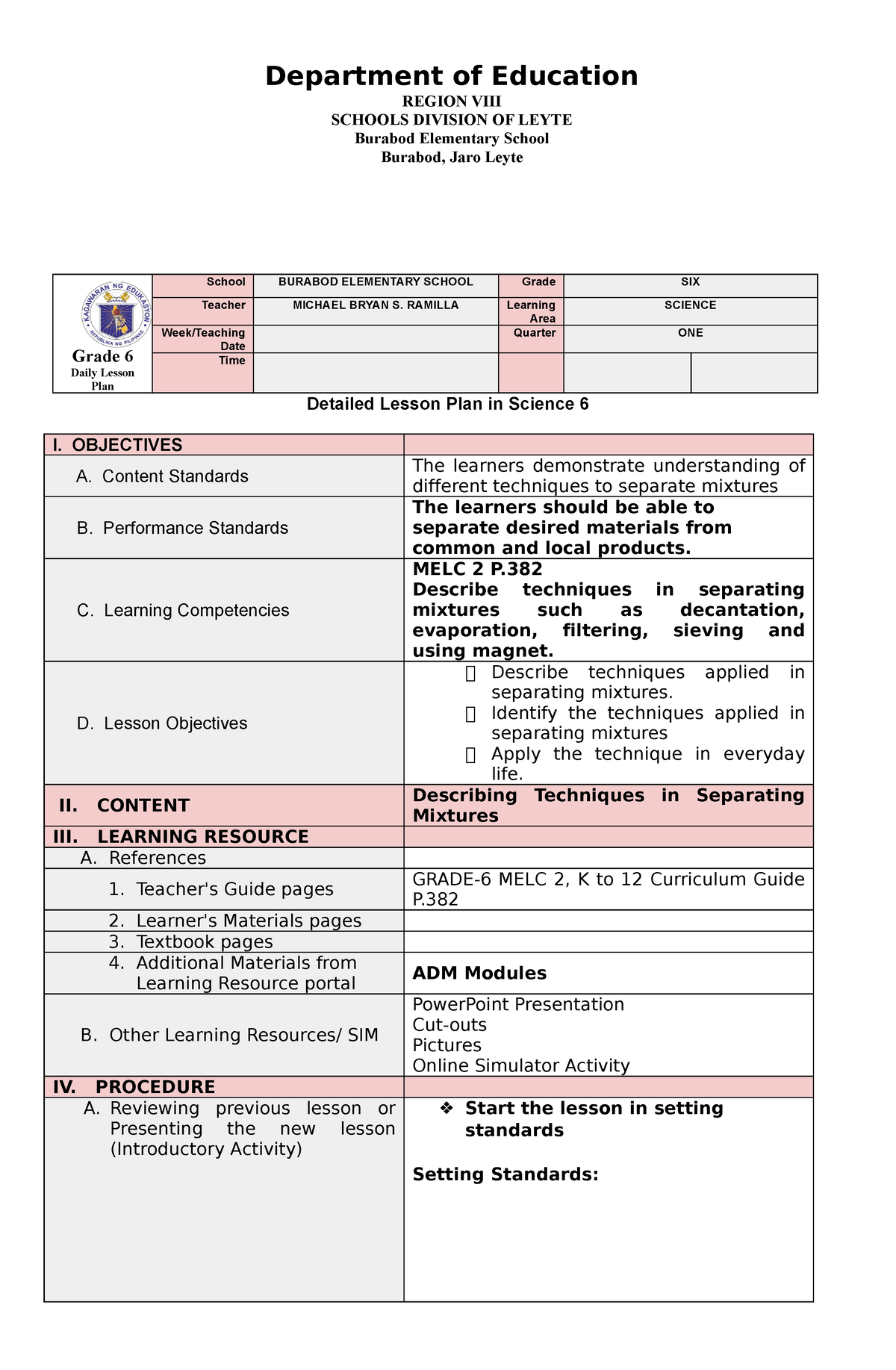 COT 6 Science - Grade 6 ####### Daily Lesson ####### Plan ...