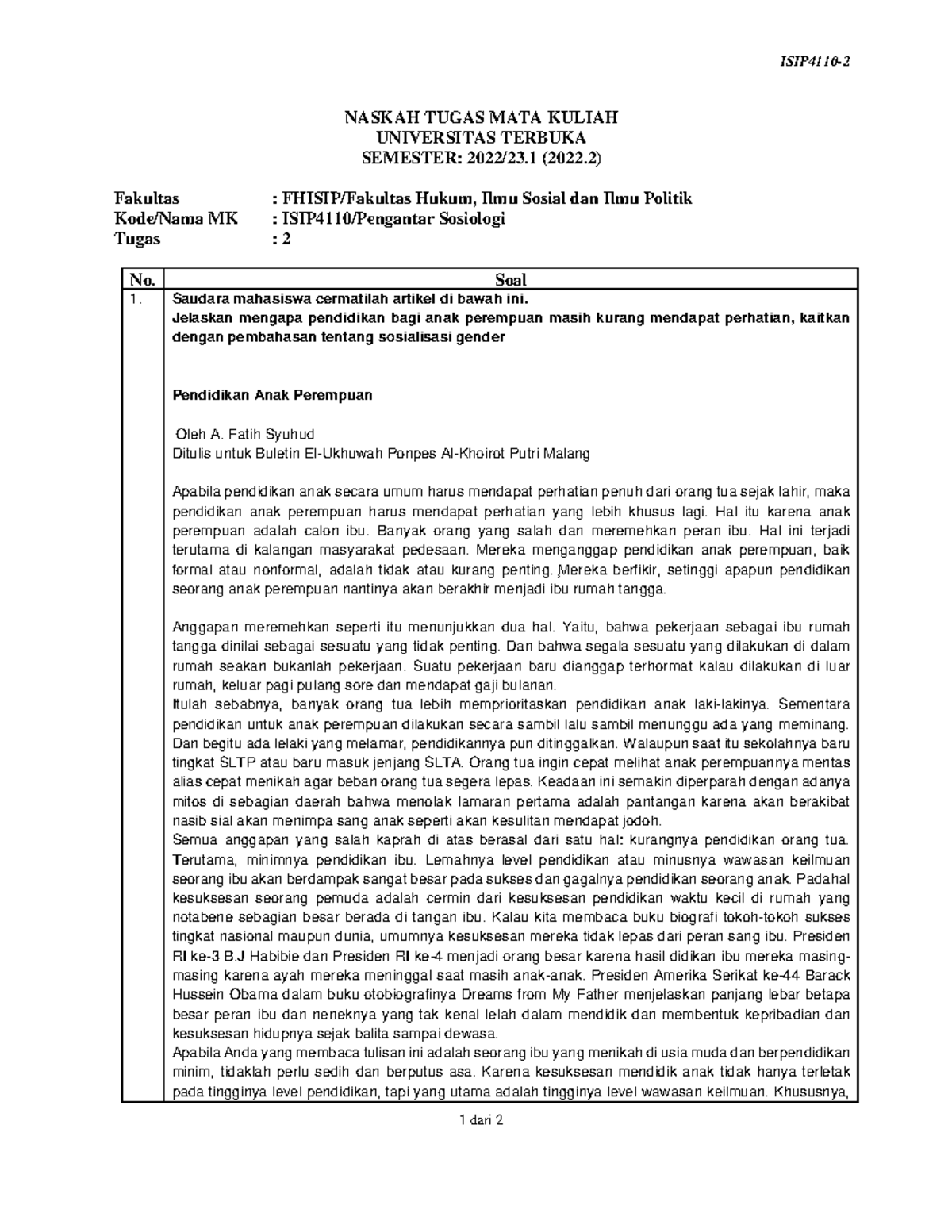 Soal Isip4110 Tmk2 2 Isip4110 1 Dari 2 Naskah Tugas Mata Kuliah