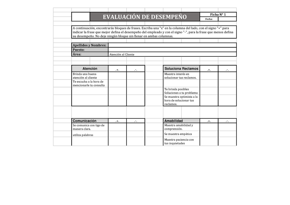 Evaluación DE Desempeño - EVALUACI”N DE DESEMPE—O Ficha N∞ 1 Fecha: A ...