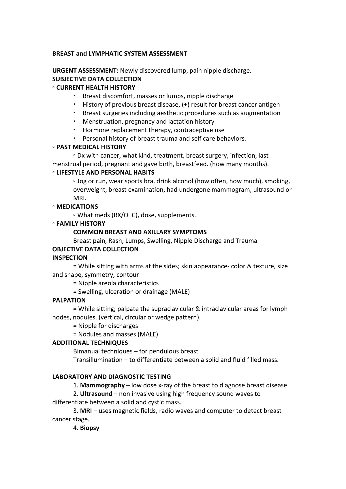 Breast and Lymphatic System Assessment - BREAST and LYMPHATIC SYSTEM ...