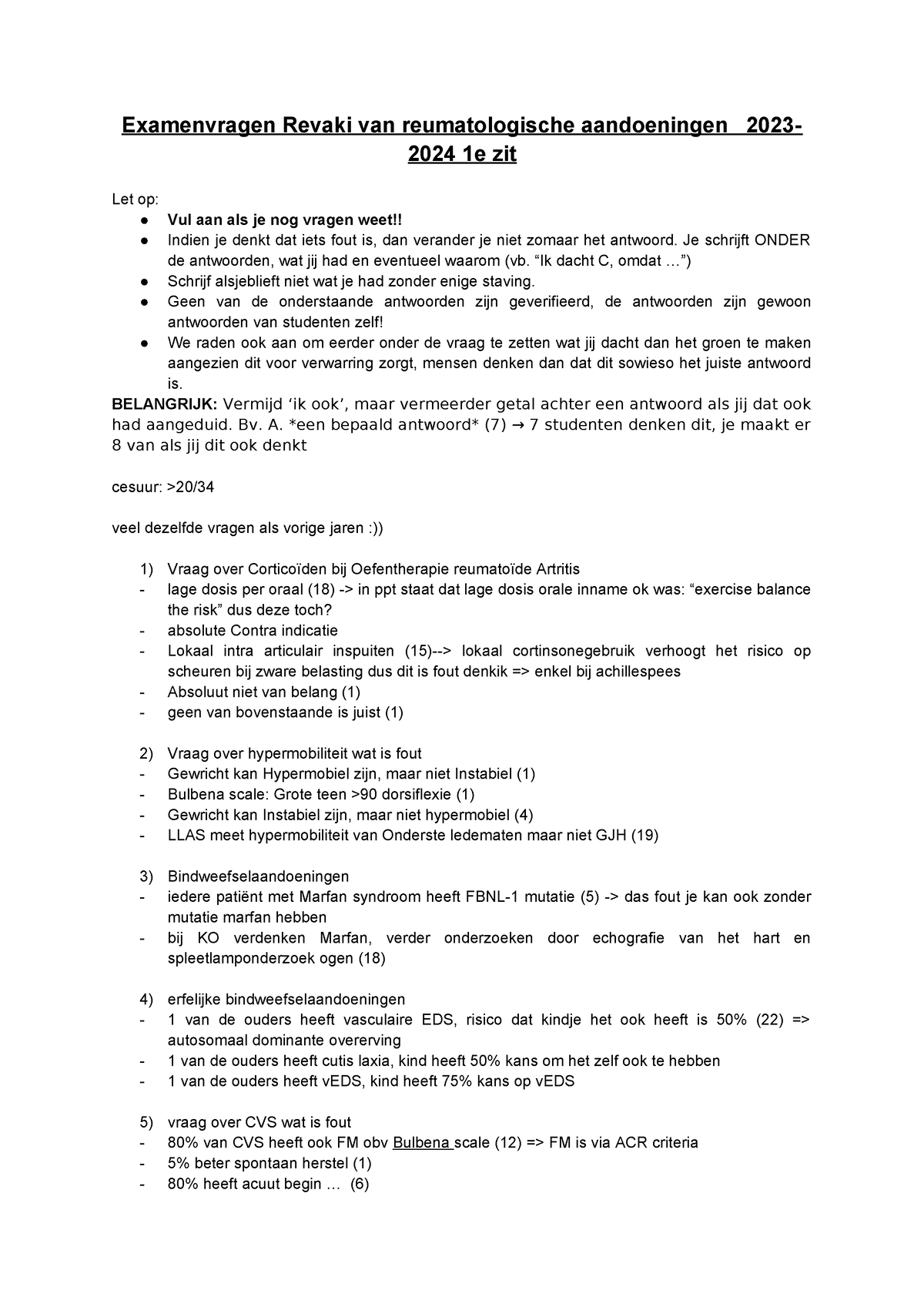 Examenvragen Revaki Van Reumatologische Aandoeningen 2023-2024 1e Zit ...