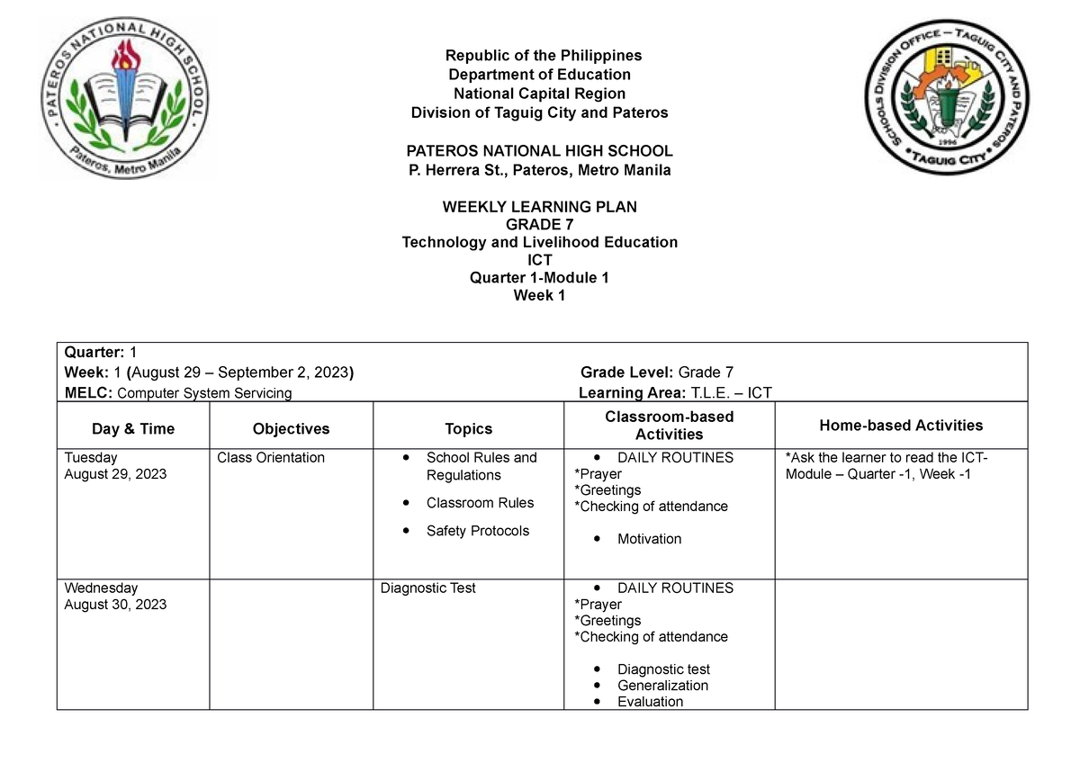 TLE WLP Q1 WEEK 1 August 29 2023 - Republic of the Philippines ...