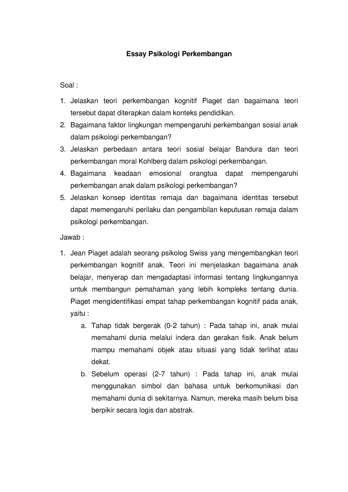 Psikologi 2 Essay Psikologi Perkembangan Soal Jelaskan teori