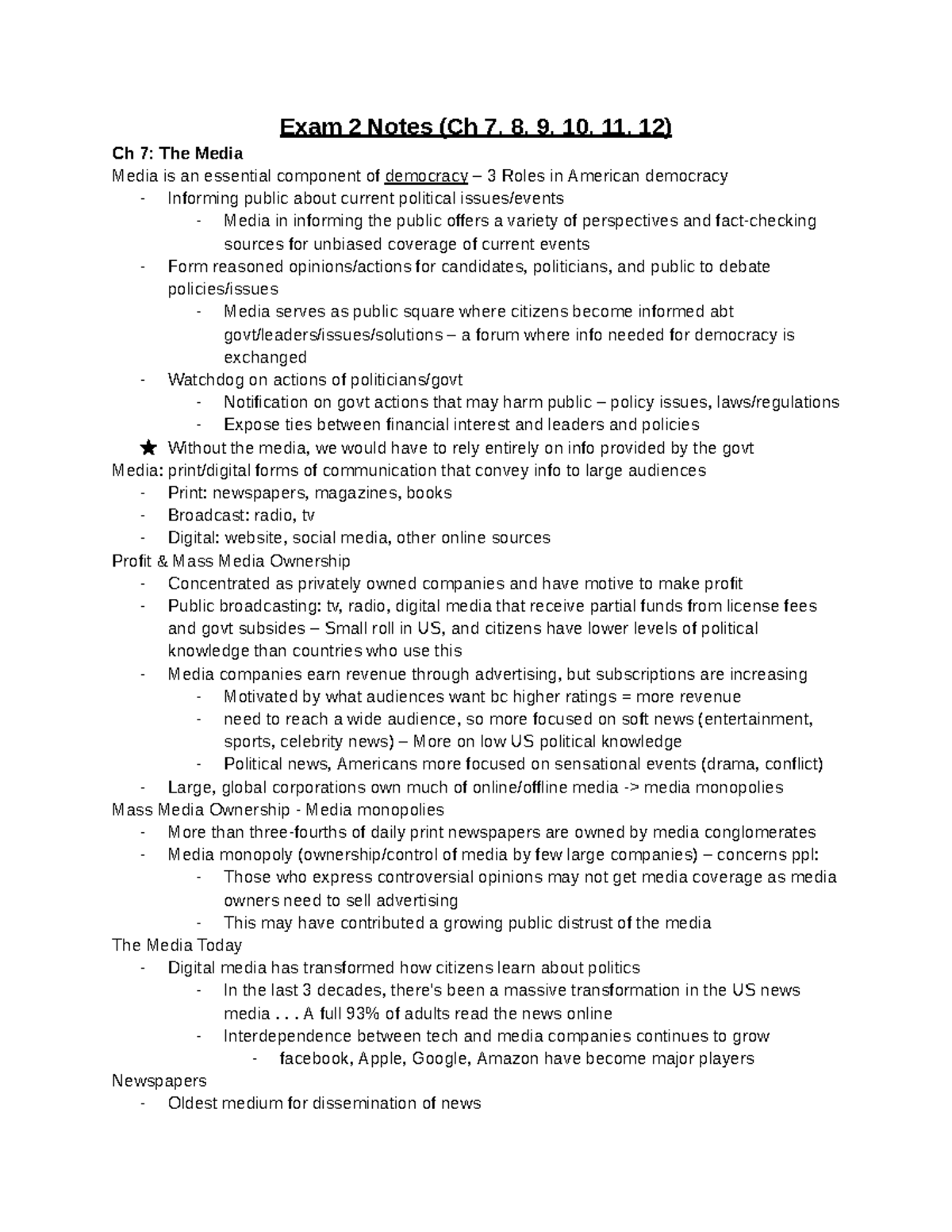 GOVT 2305: Lecture Notes For Exam 2 - Chapters 7-12 - Exam 2 Notes (Ch ...