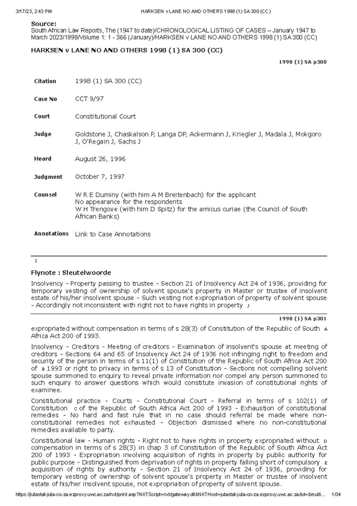 Harksen+v+LANE+NO+AND+ Others+1998+ 1 +SA+300+ CC - - Studocu