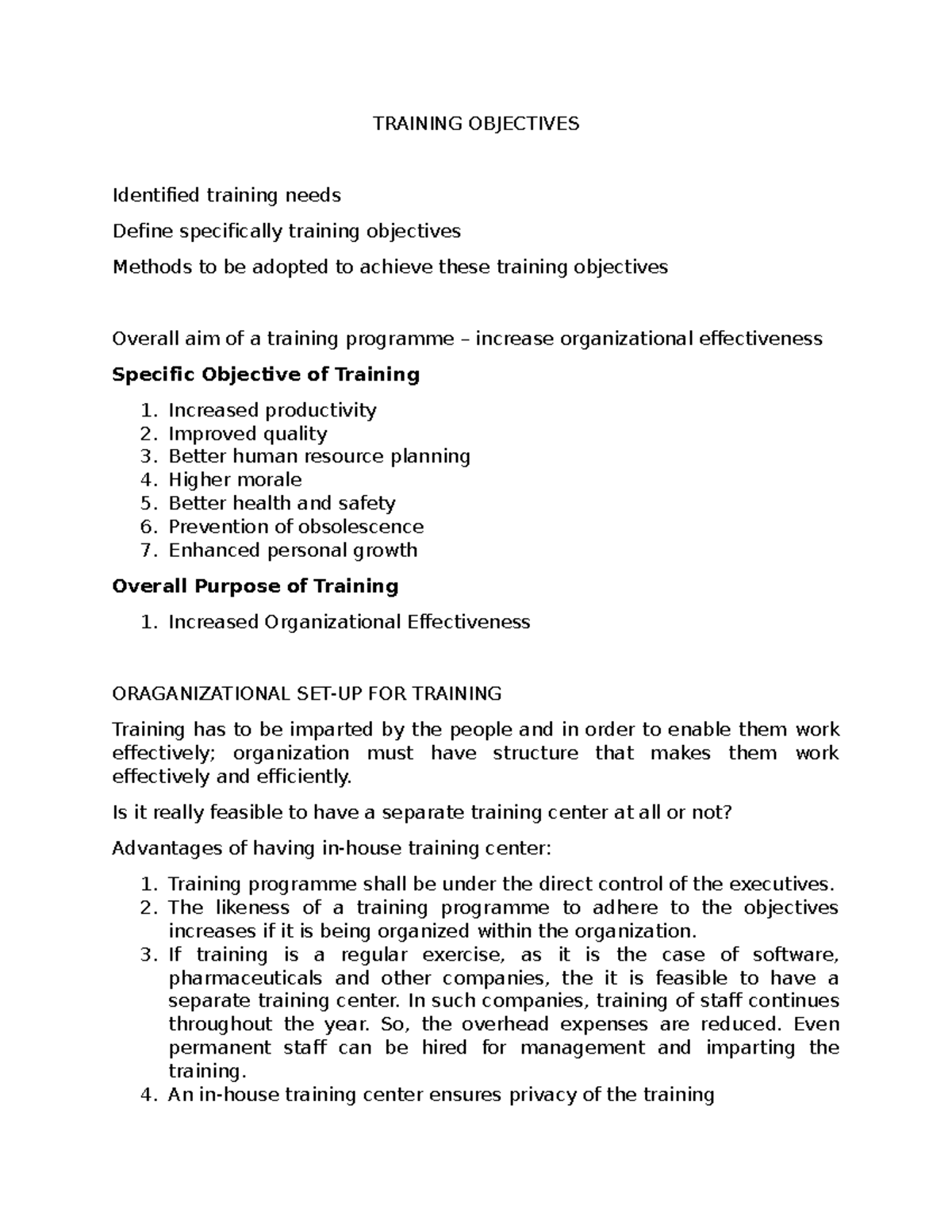 Training Objectives TRAINING OBJECTIVES Identified training needs