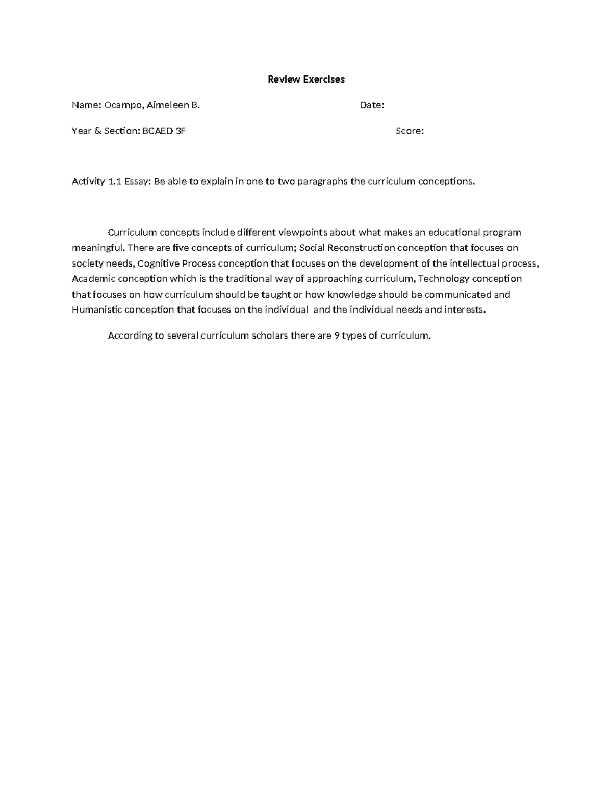 test only don't read - Review Exercises Name: Ocampo, Aimeleen B. Date ...