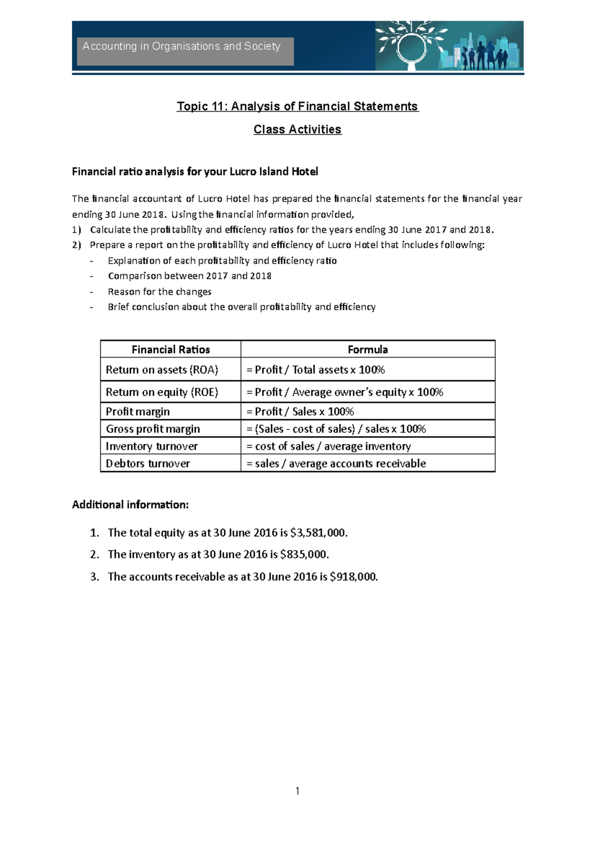 Topic 11 - Class Activities - Accounting in Organisations and Society ...