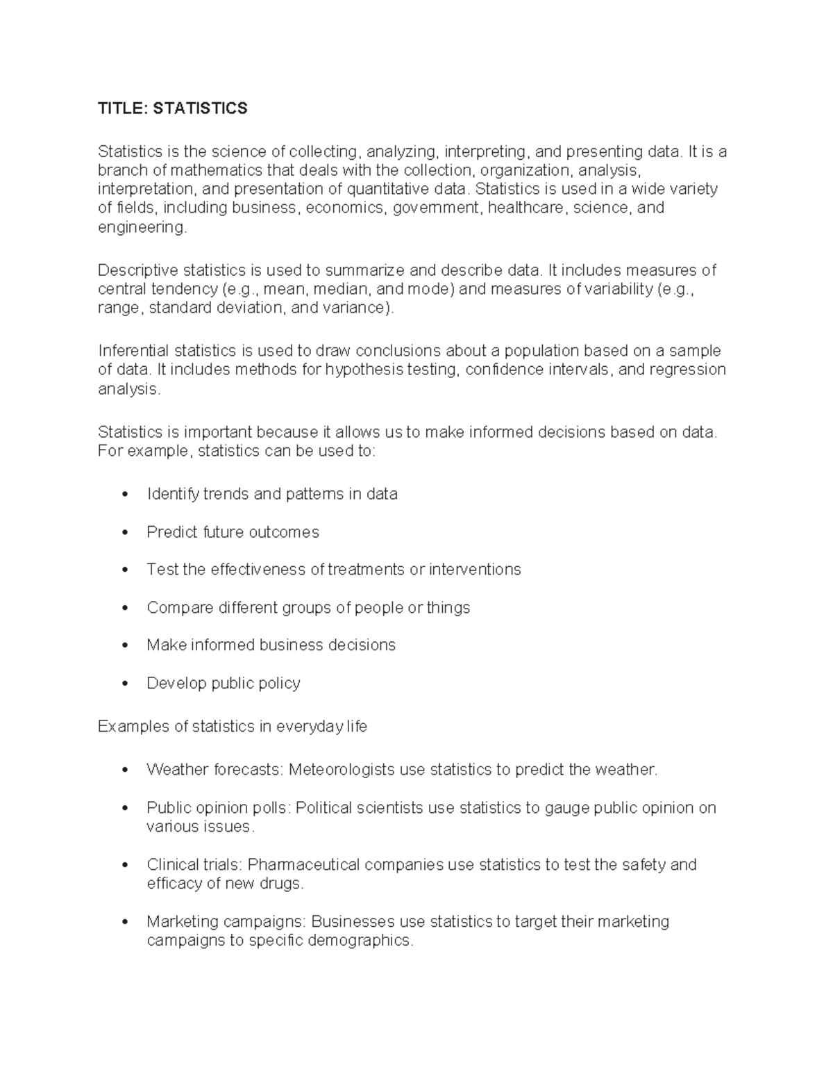Statistics - TITLE: STATISTICS Statistics is the science of collecting ...