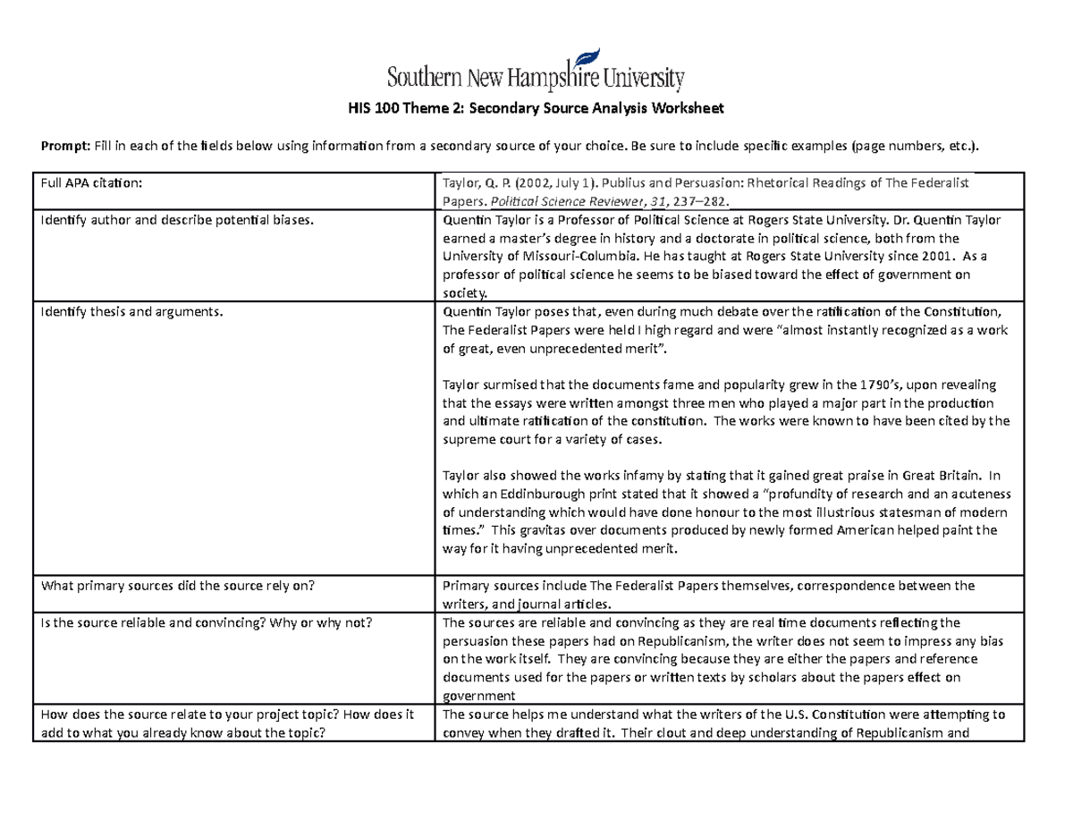 His100 Secondary Source Analysis Worksheet Awright Studocu