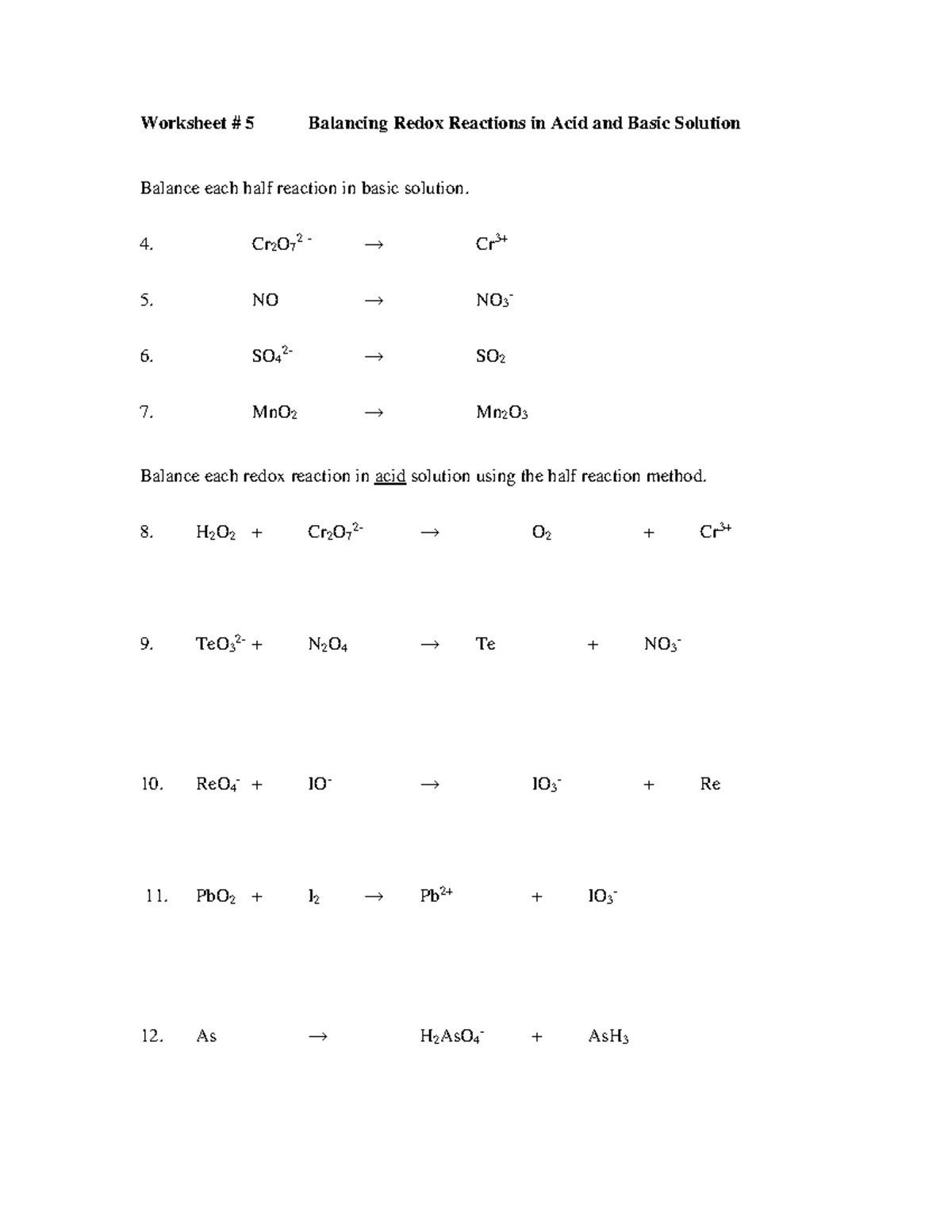 Organic chemistry - Worksheet # 5 Balancing Redox Reactions in Acid and