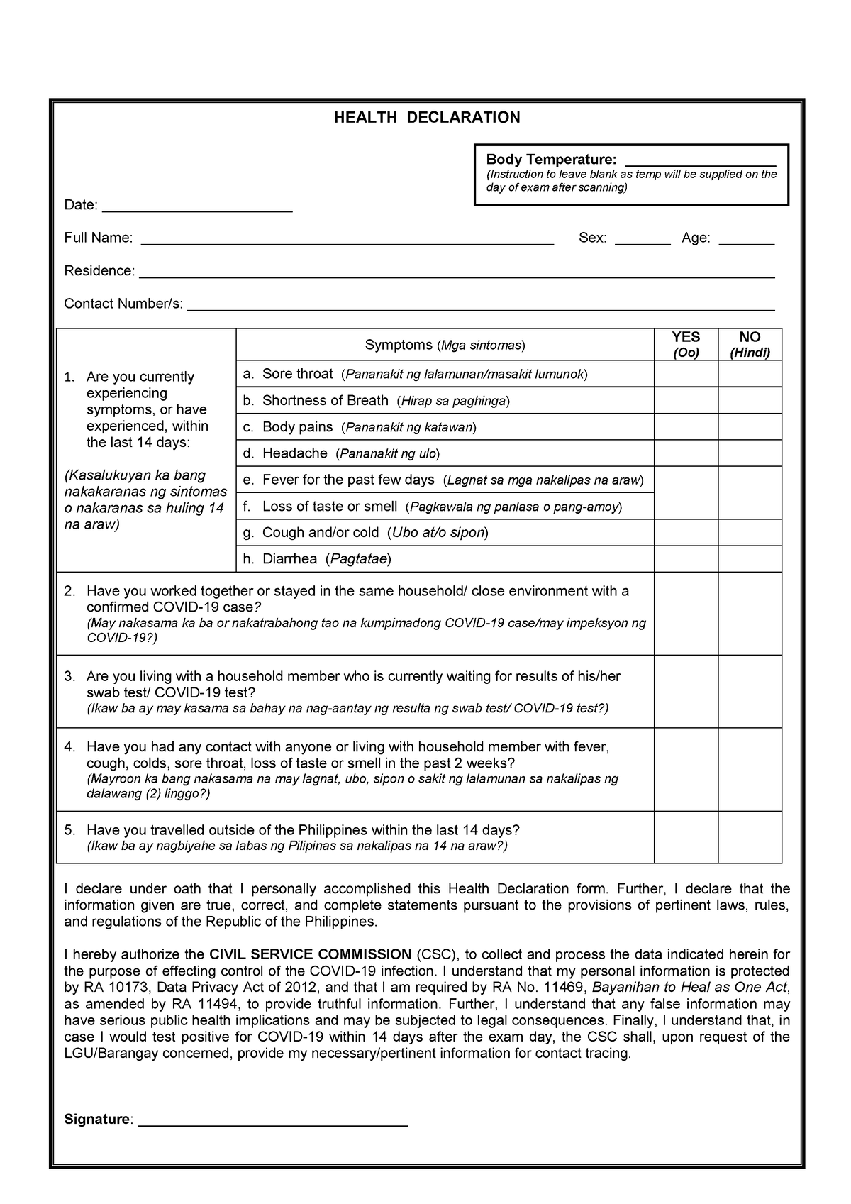 Health Declaration Form A1 (whole Page) A - Histology And Embryology ...