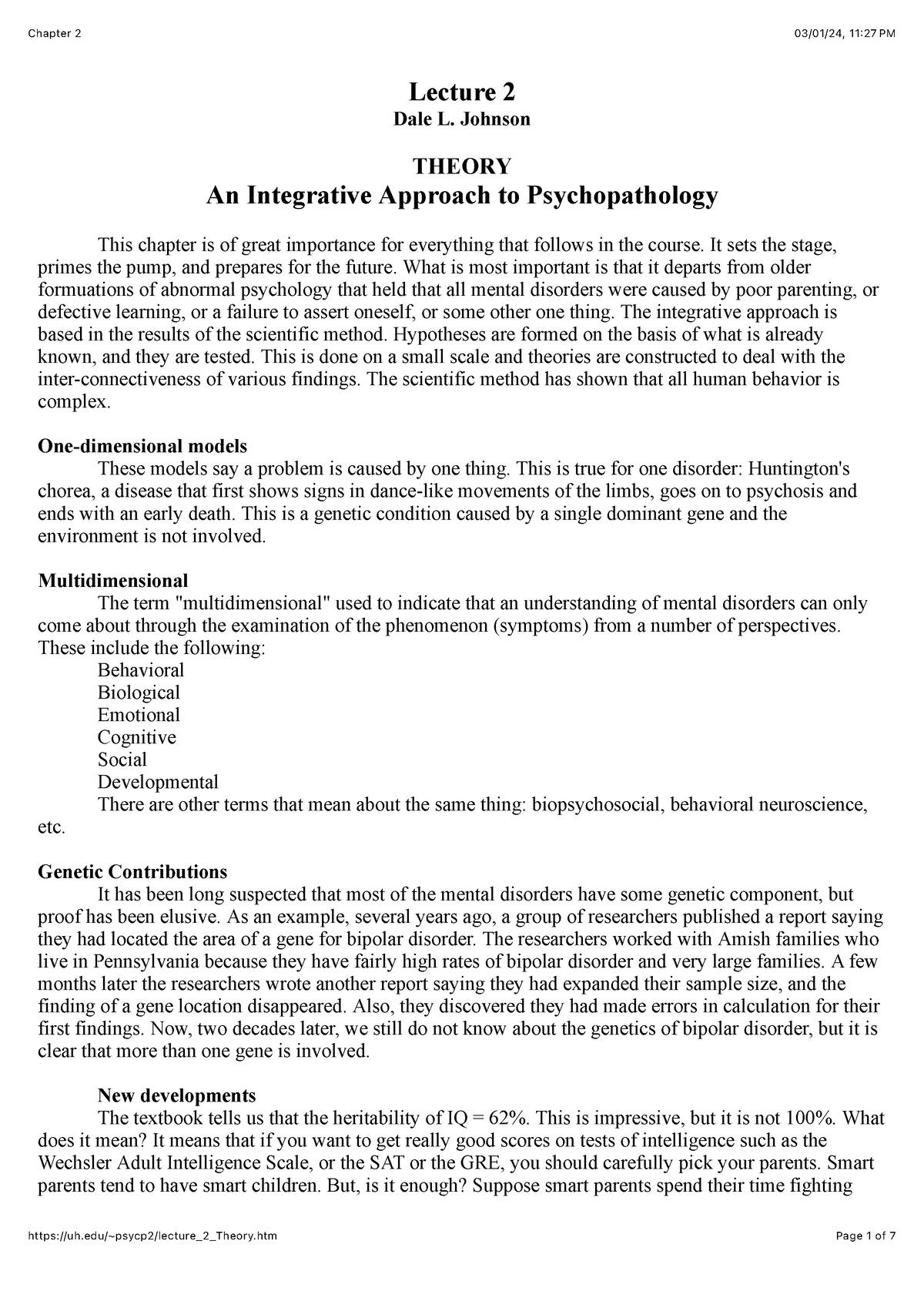 Chapter 2 integrative approach to psychopathology - Lecture 2 Dale L ...