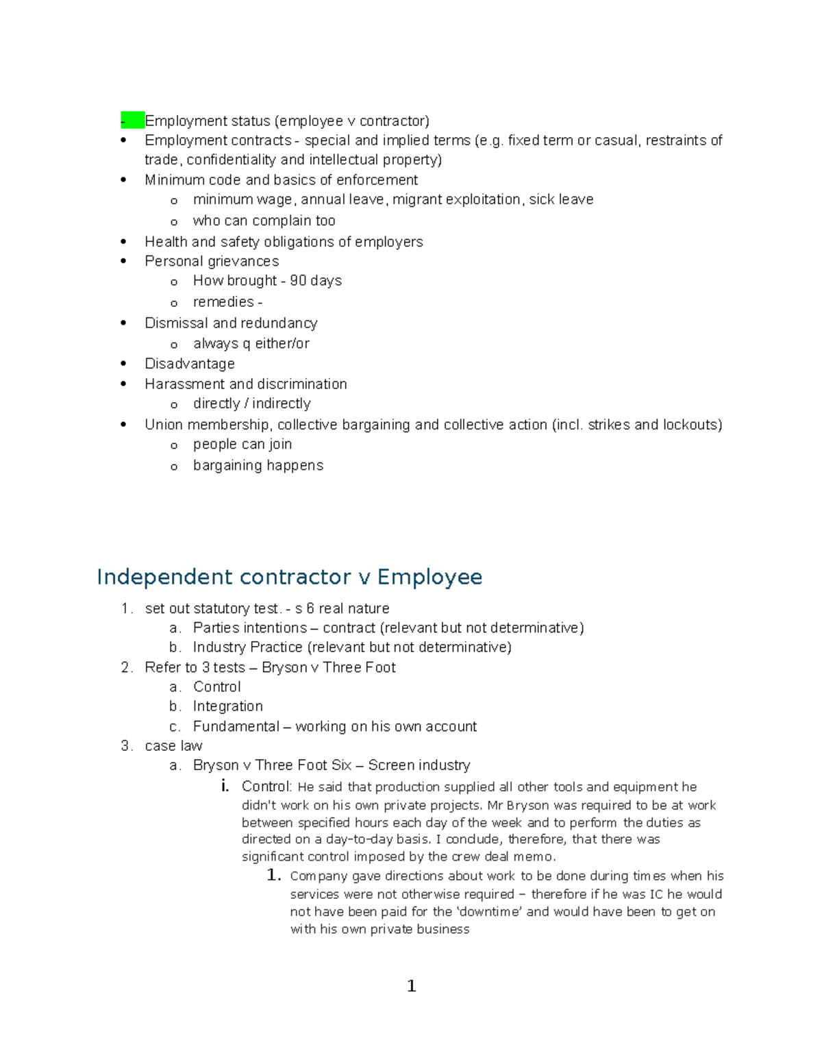 Labour Exam notes - Employment status (employee v contractor ...