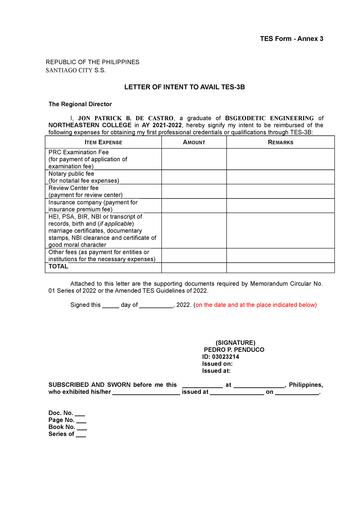 Annex3LetterofAvailmentforTES3B updated TES Form Annex 3