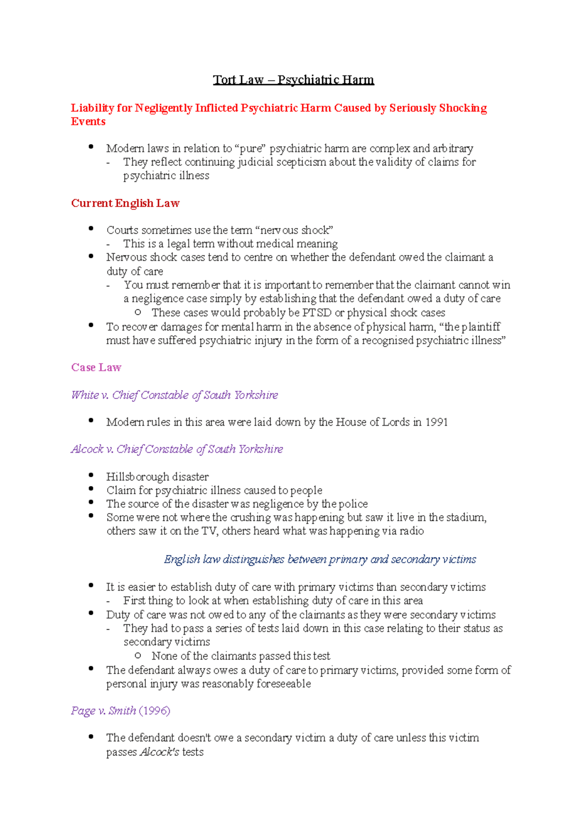 Tort Law - Psychiatric Harm - Tort Law – Psychiatric Harm Liability For ...