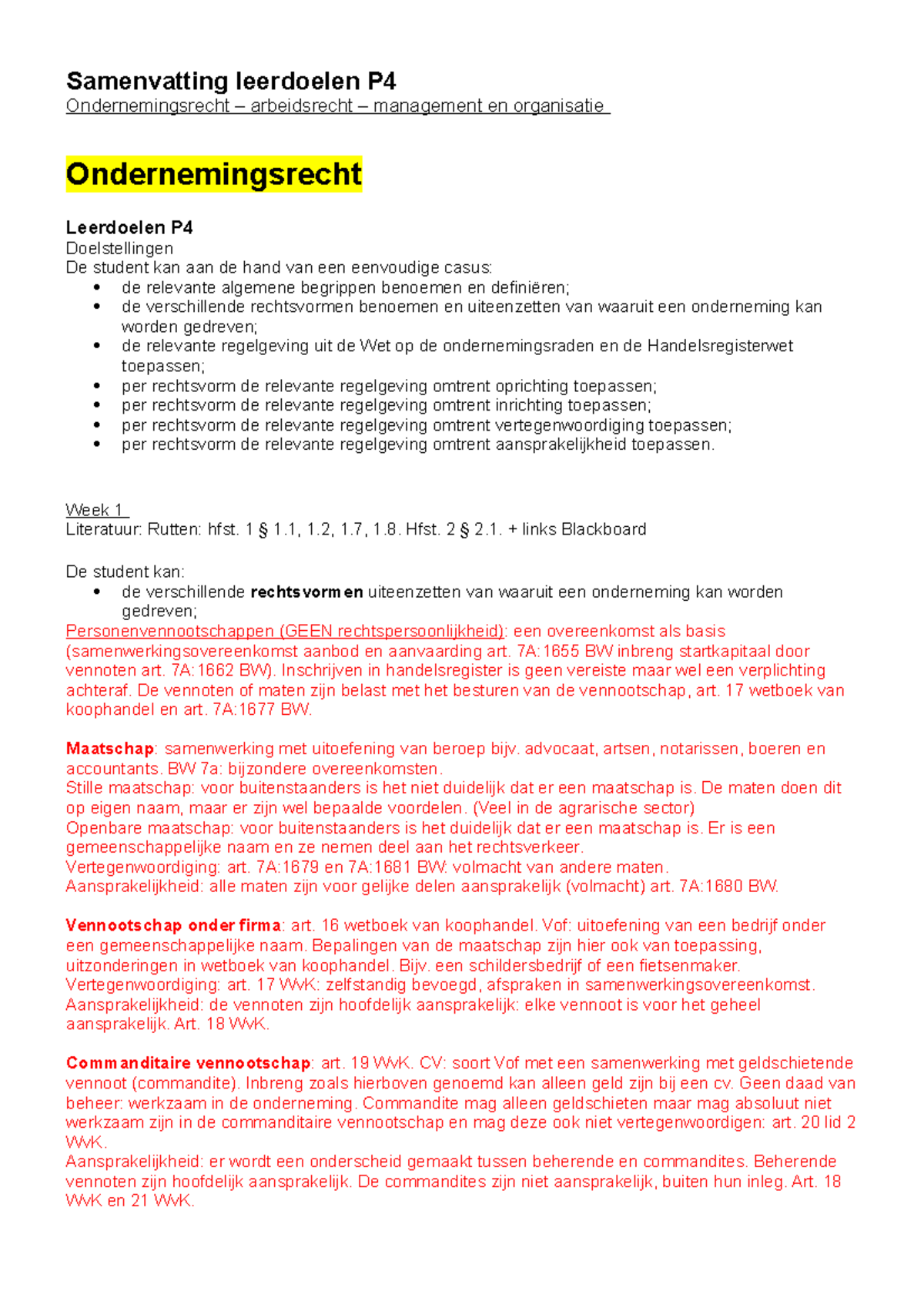 Samenvatting Leerdoelen Periode 4 (arbeidsrecht, Management En ...