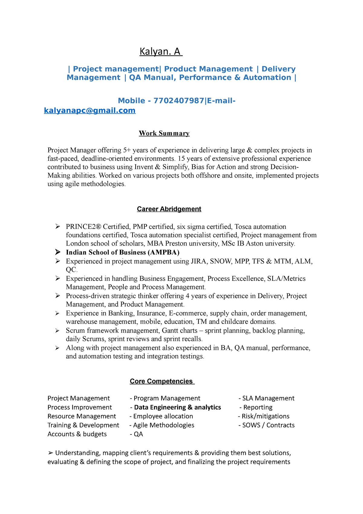 Kalyan Resume - deails for my cv - Kalyan. A | Project management ...