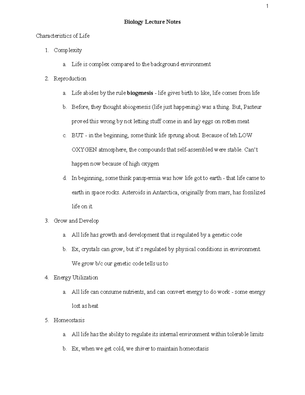 Bio Notes Test 1 - Biology Lecture Notes Characteristics of Life ...