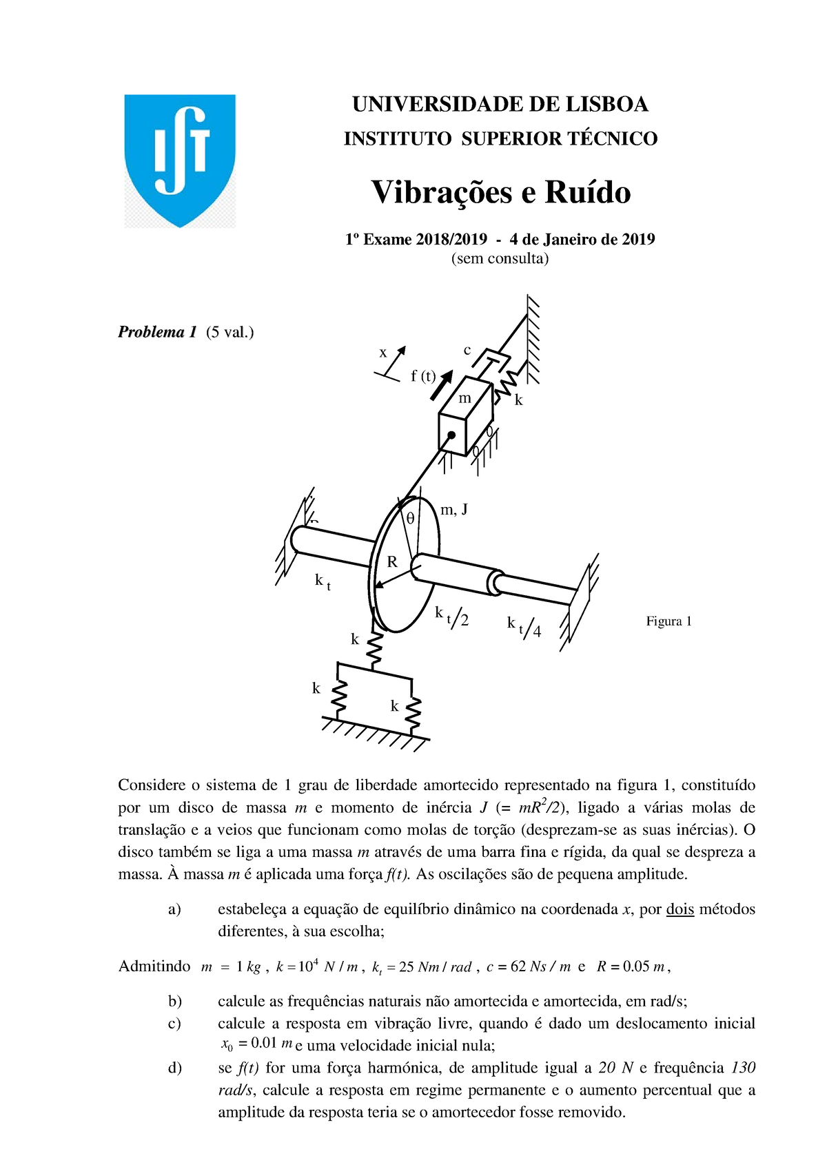 Exame 2019 1 Universidade De Lisboa Instituto Superior TÉcnico Vibrações E Ruído 1º Exame 3165