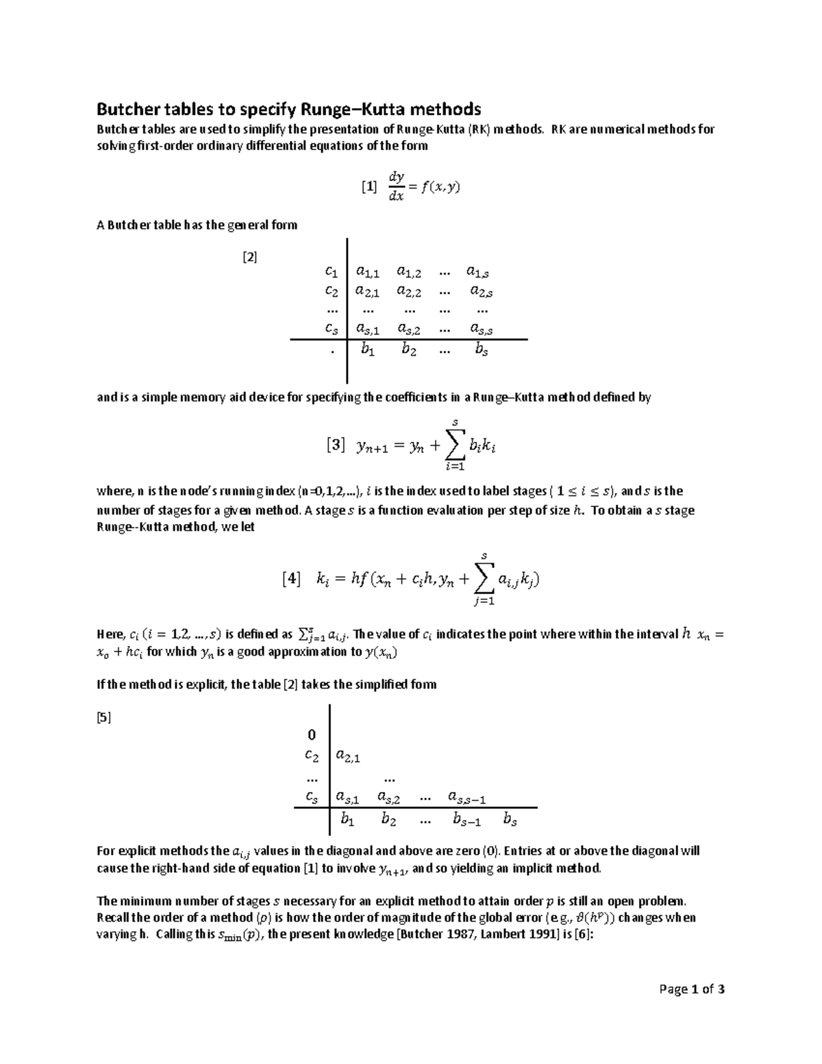 Butcher tablesv2 Page 1 of 3 Butcher tables to specify RungeKutta