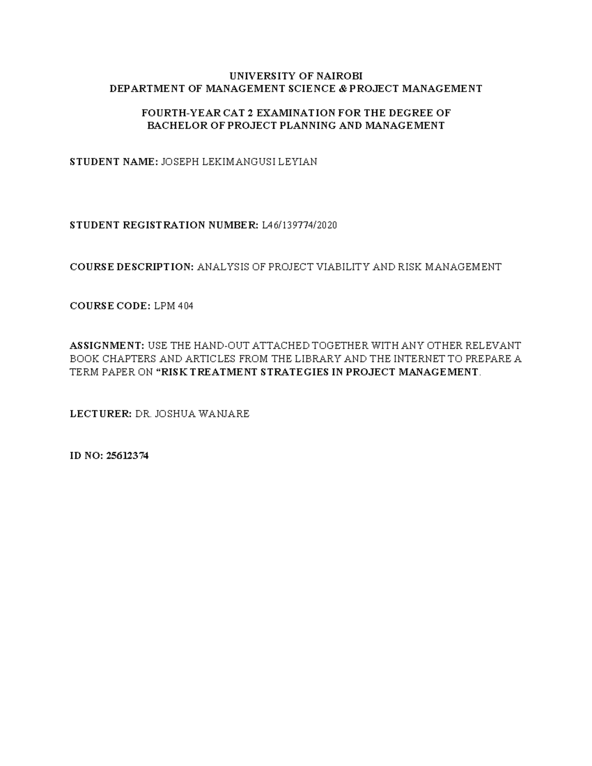 LPM 404 CAT 2 - MAY 2023 - UNIVERSITY OF NAIROBI DEPARTMENT OF ...