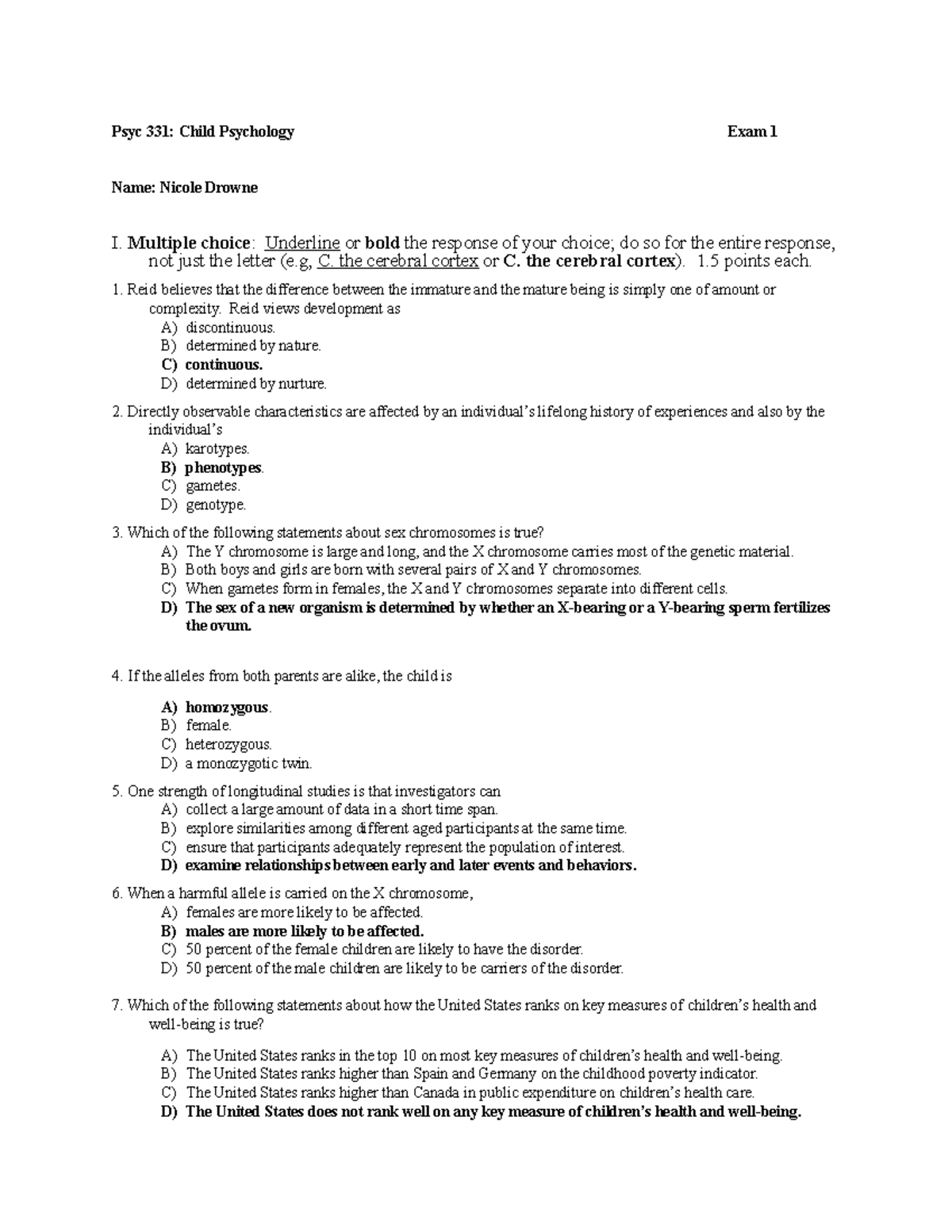 Psyc 331 Drowne Exam 1 Professor Beverley Goldfield Psyc 331