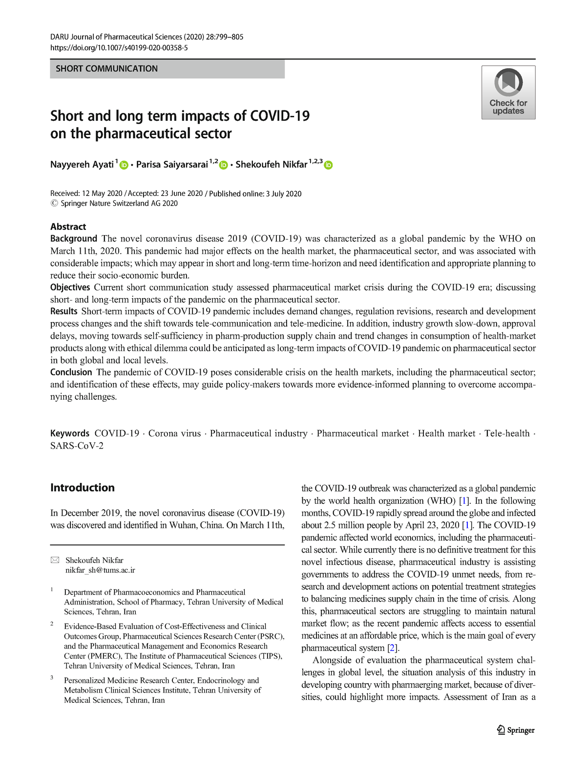 Ayati 2020 Short and long term impacts of covi - SHORT COMMUNICATION ...