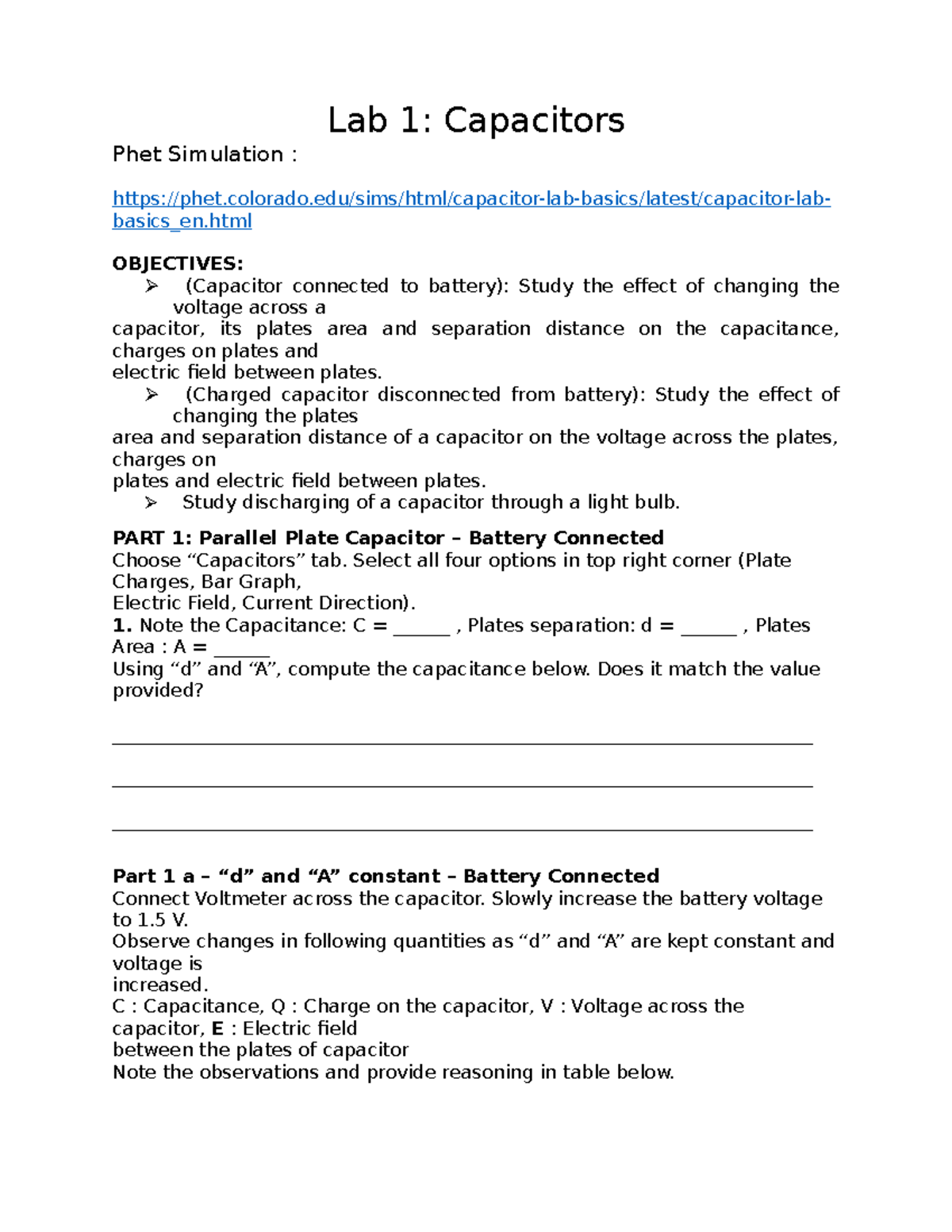 PHYS1402Lab 1 Physics 2summer2021 Lab 1 Capacitors Phet