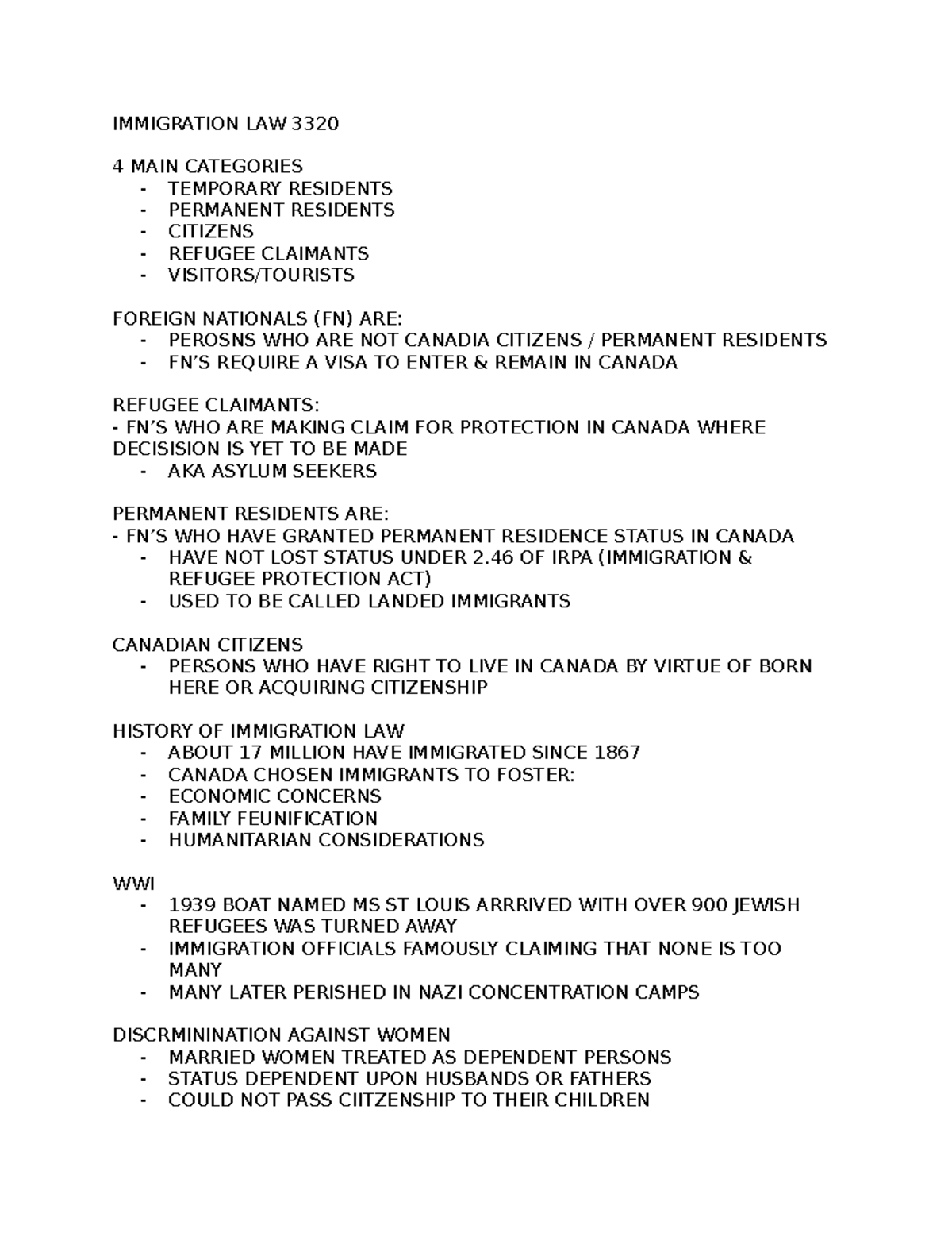 Immigration LAW 3320 - introduction notes. - IMMIGRATION LAW 3320 4 ...