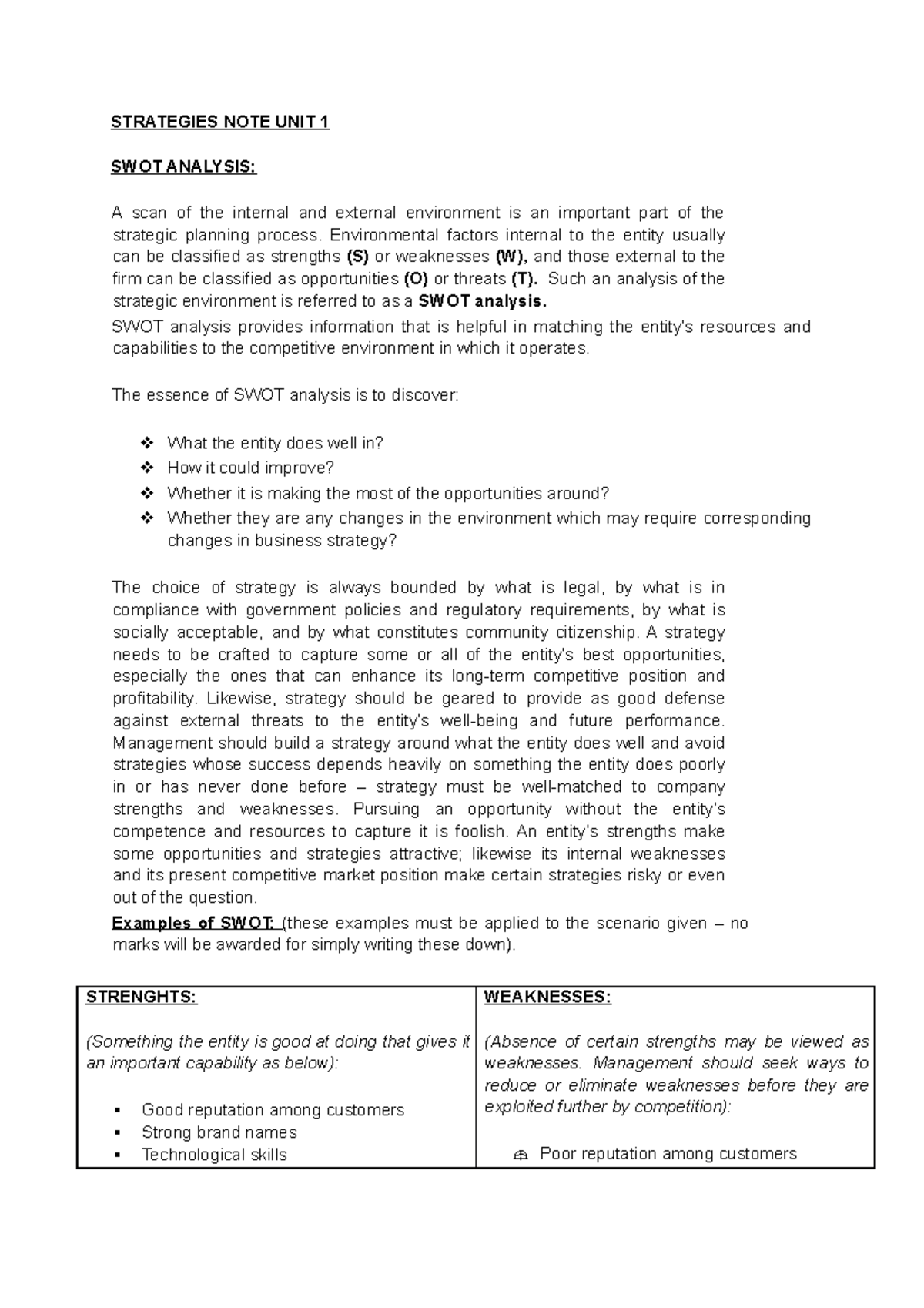 SWOT Analysis AND PEST - strategic decisions - STRATEGIES NOTE UNIT 1 ...