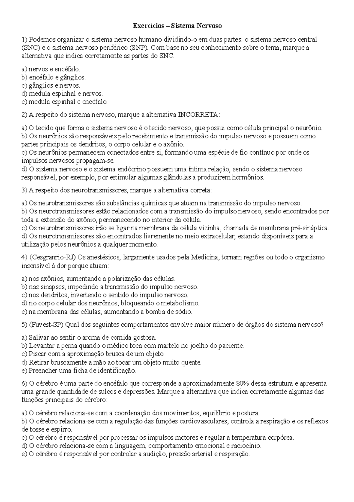 Atividades sobre Sistema Nervoso - Ensino Fundamental.