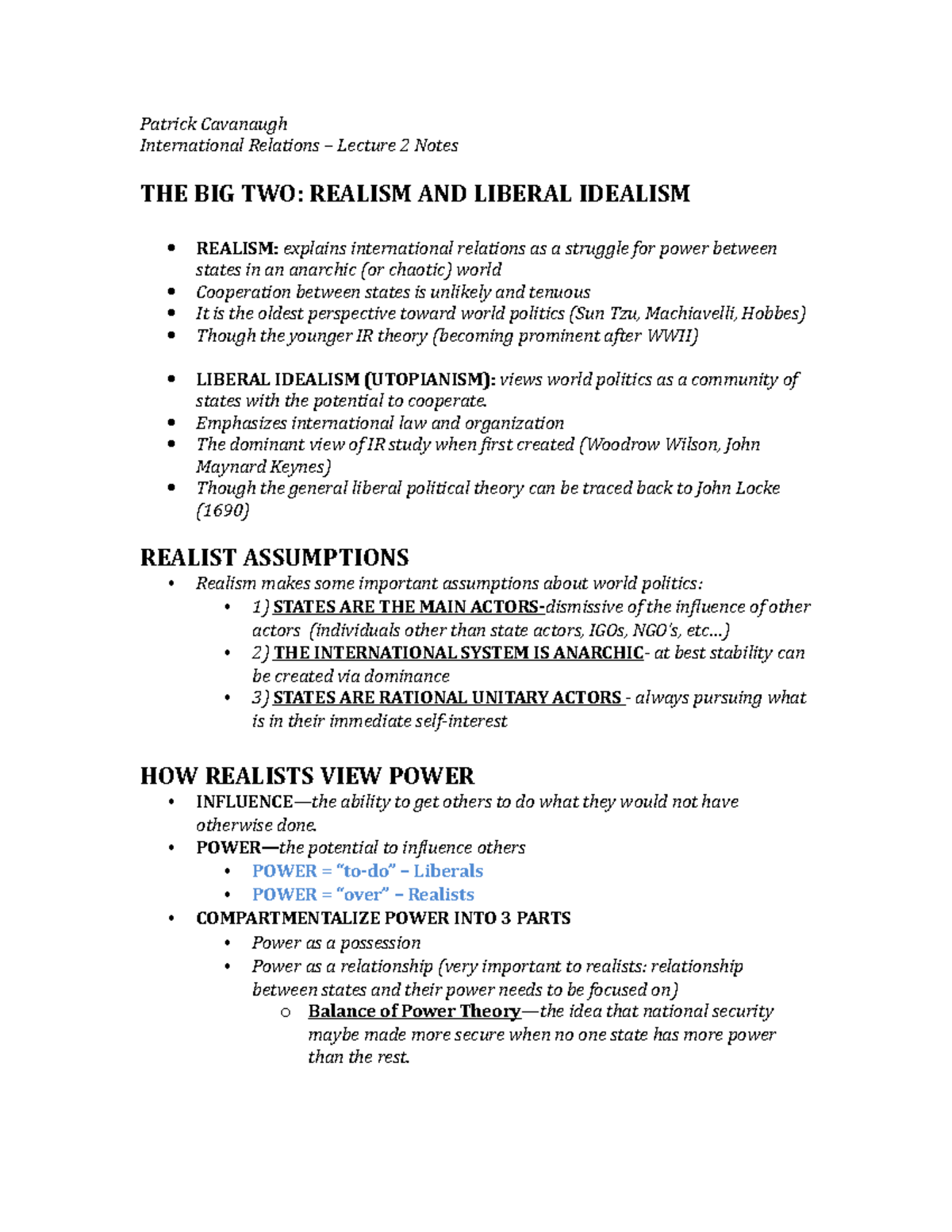Lecture 3 Notes - Realism and Power Politics - Patrick Cavanaugh ...