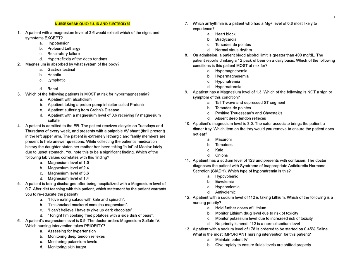 F&E nurse Sarah quiz Final - NURSE SARAH QUIZ: FLUID AND ELECTROLYES A ...